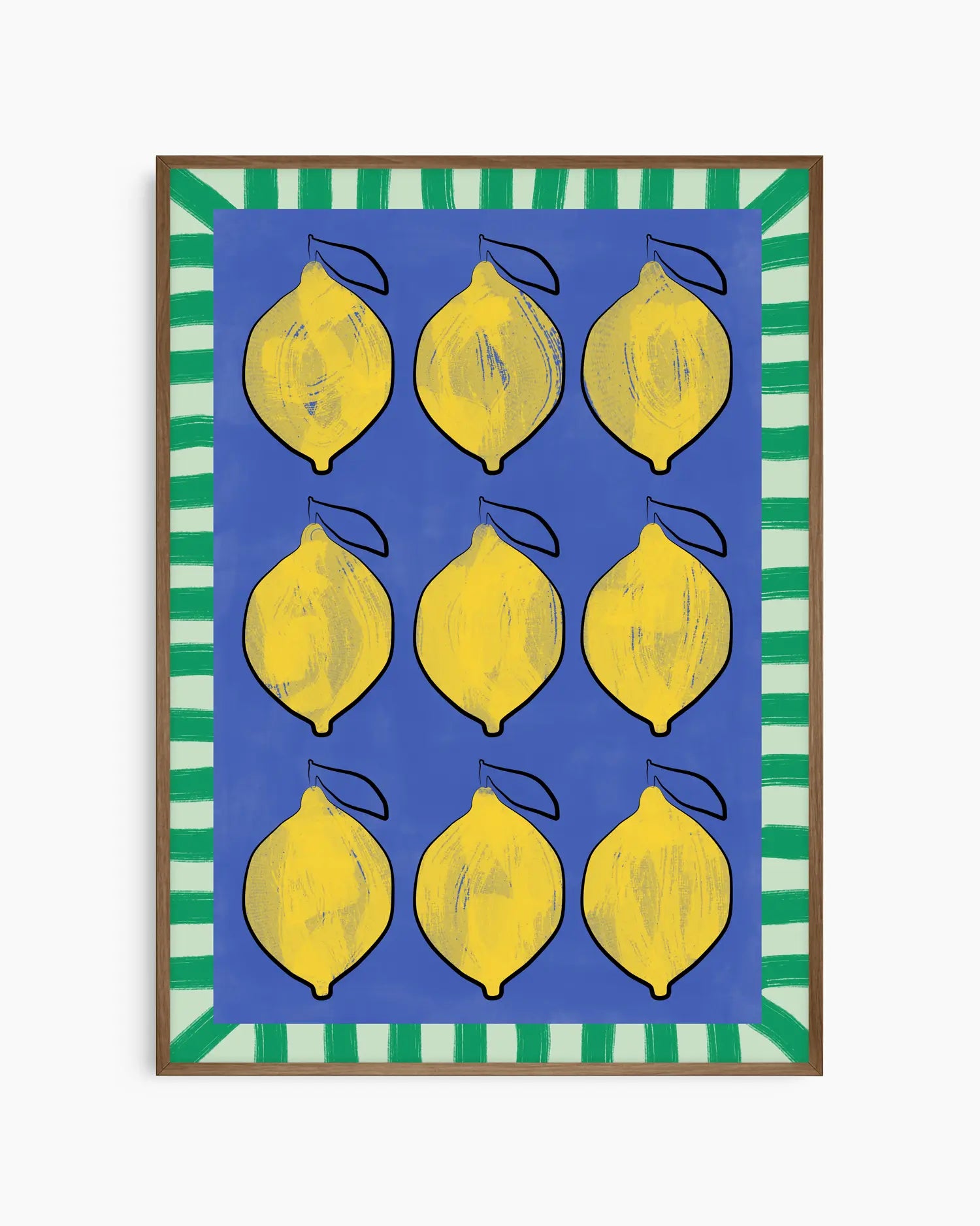 Framed artwork with yellow lemons on a blue background