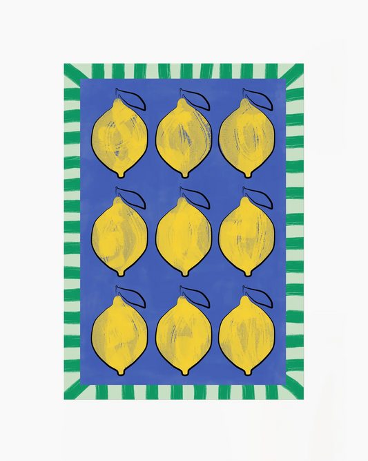 Poster with yellow lemon illustrations on a blue background with green and white striped border