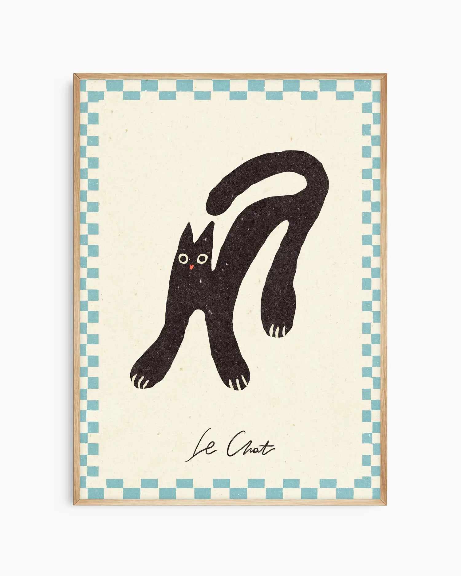 Framed artwork of a black cat illustration with 'Le Chat' text on a checkered border.