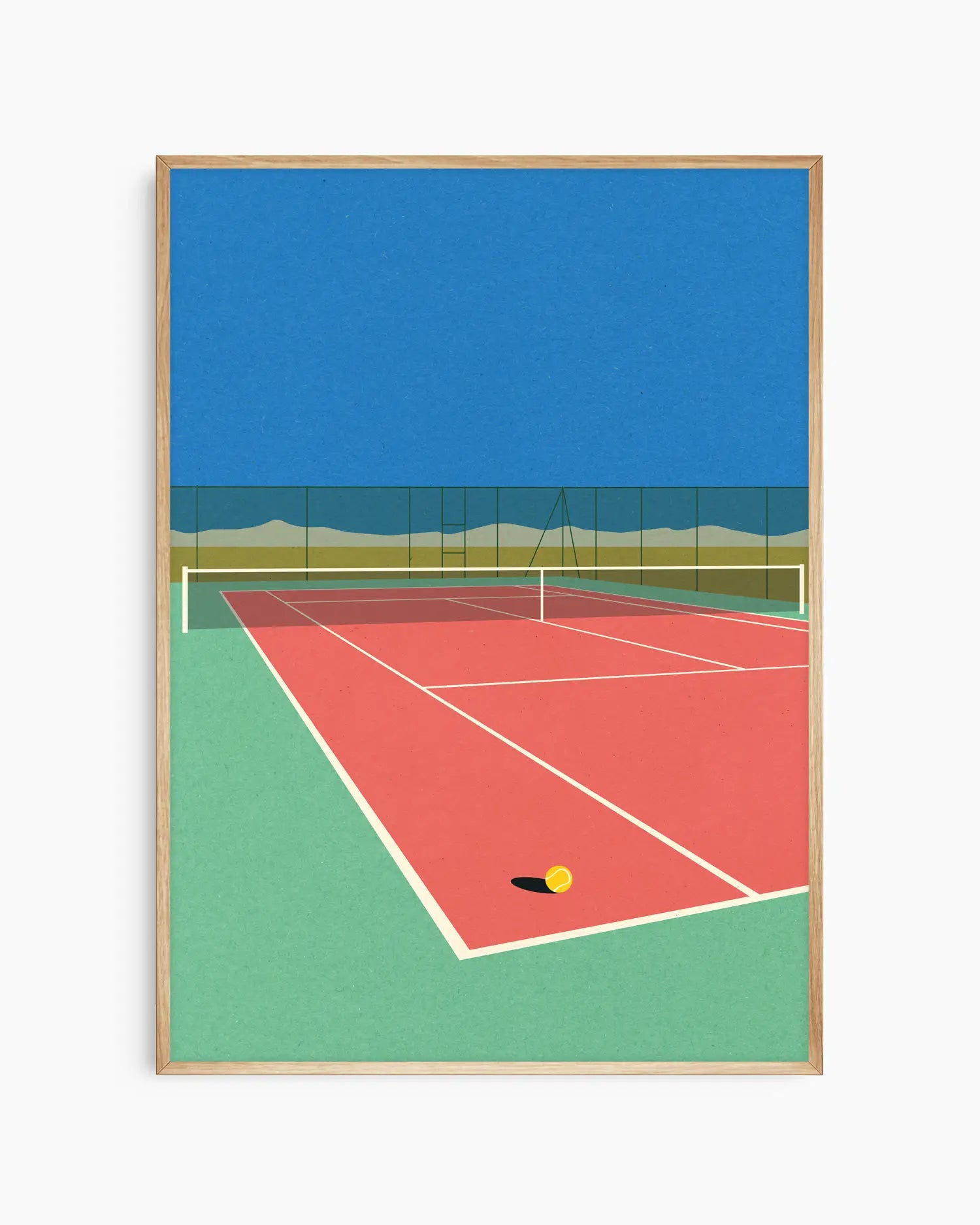Framed artwork of a tennis court with a blue sky and green and red court.