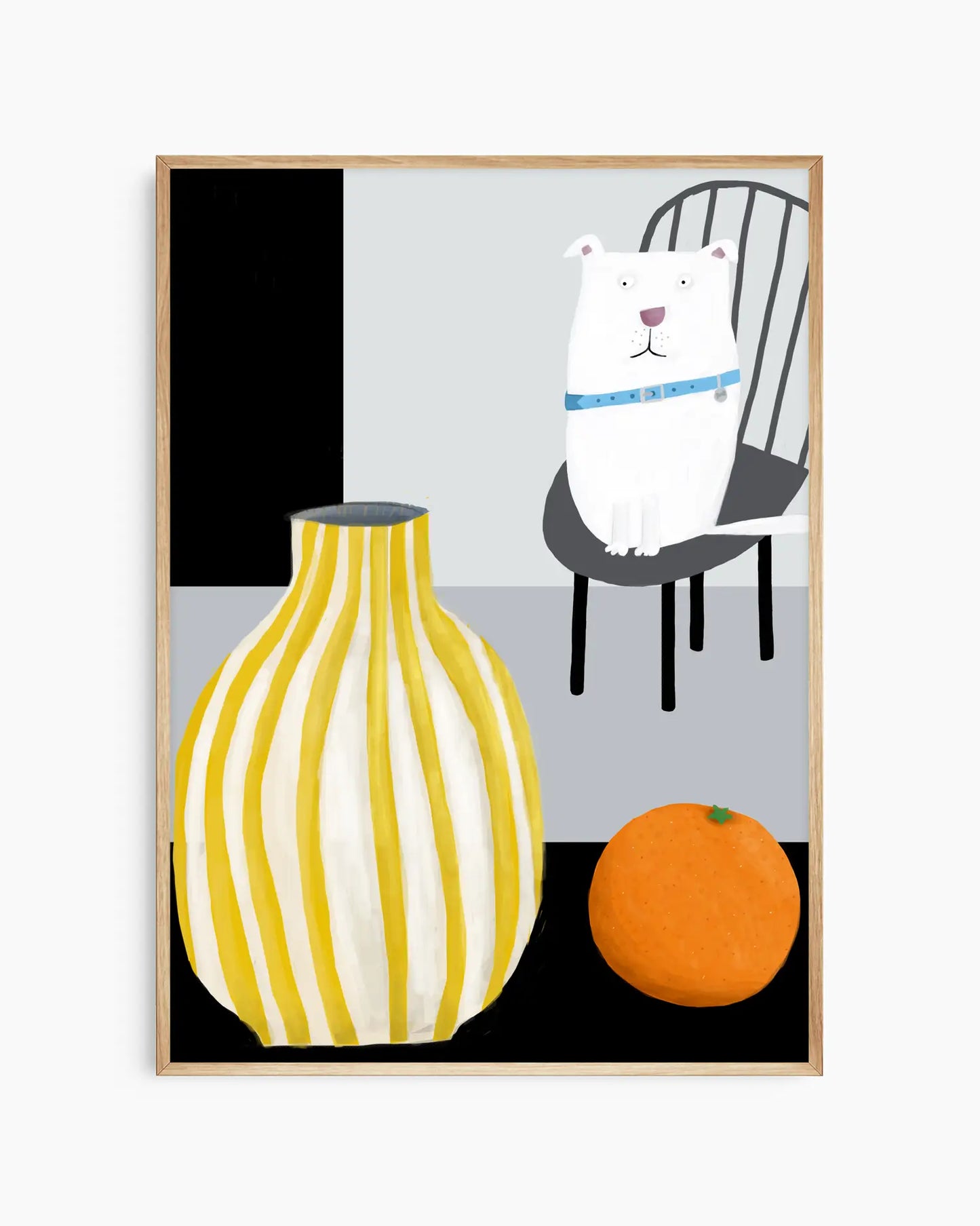 Framed artwork with a white bear, yellow vase, and orange on a black and gray background