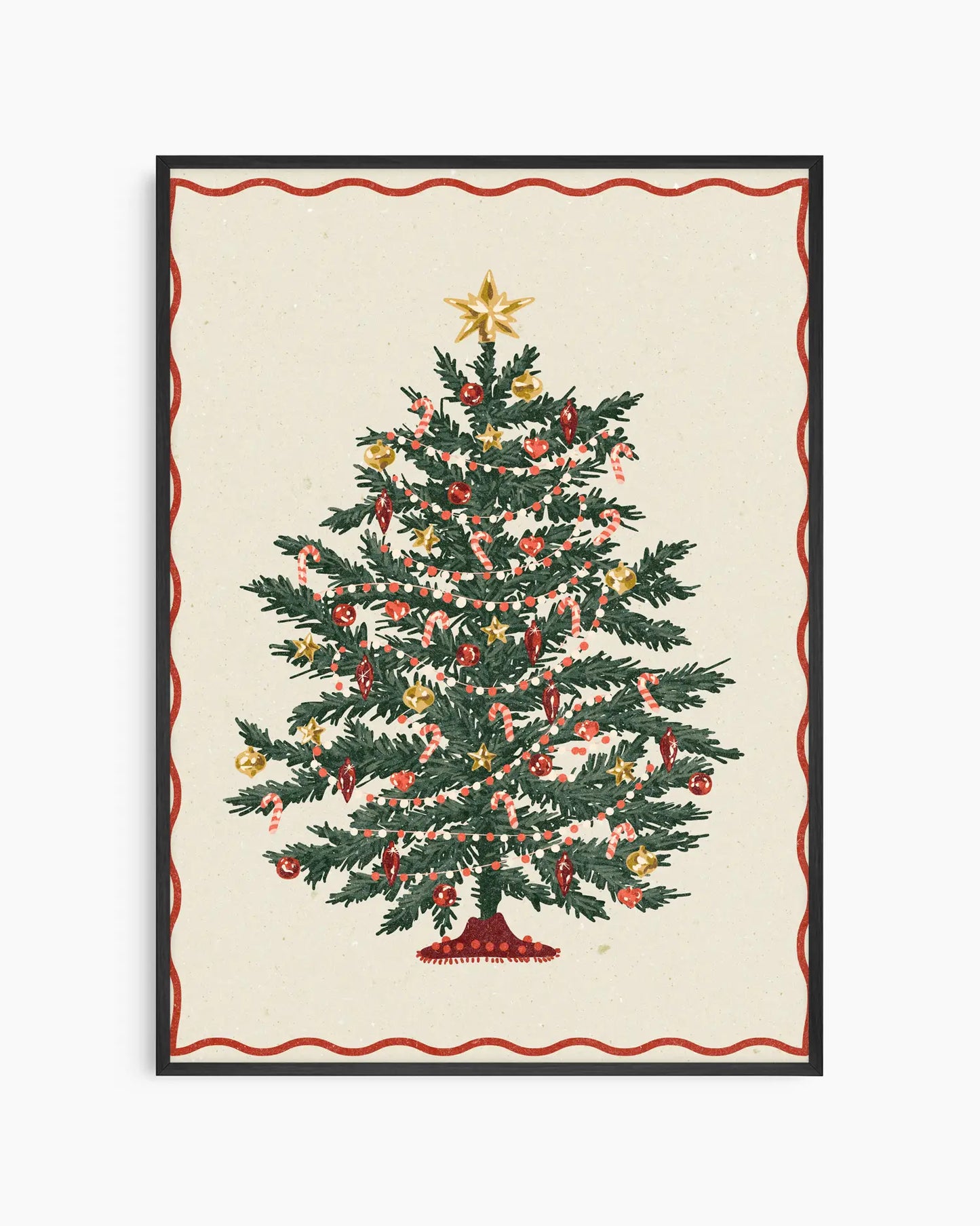 Framed artwork of a Christmas tree with decorations on a white background