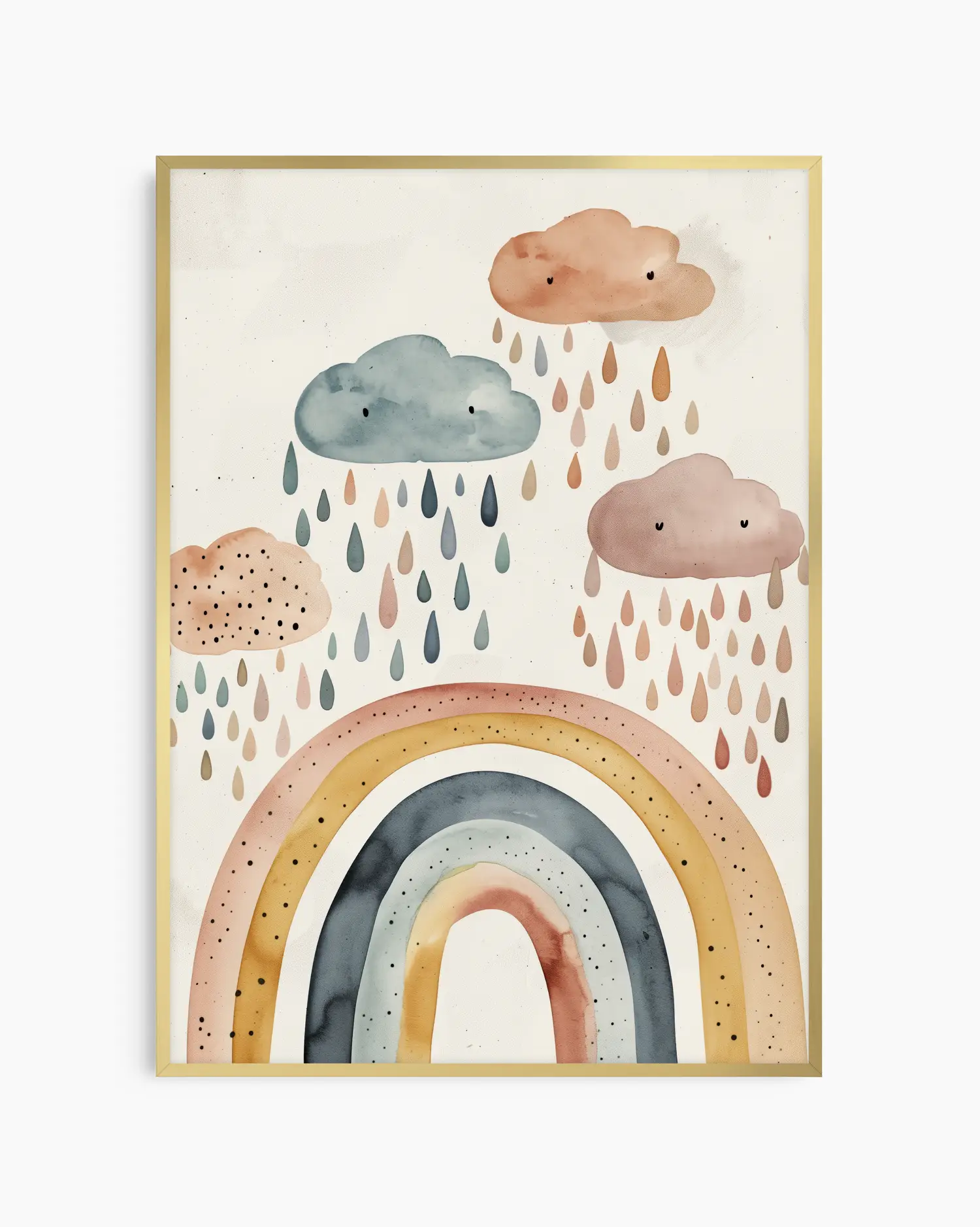 Framed artwork with colorful rainbow and clouds on a white background