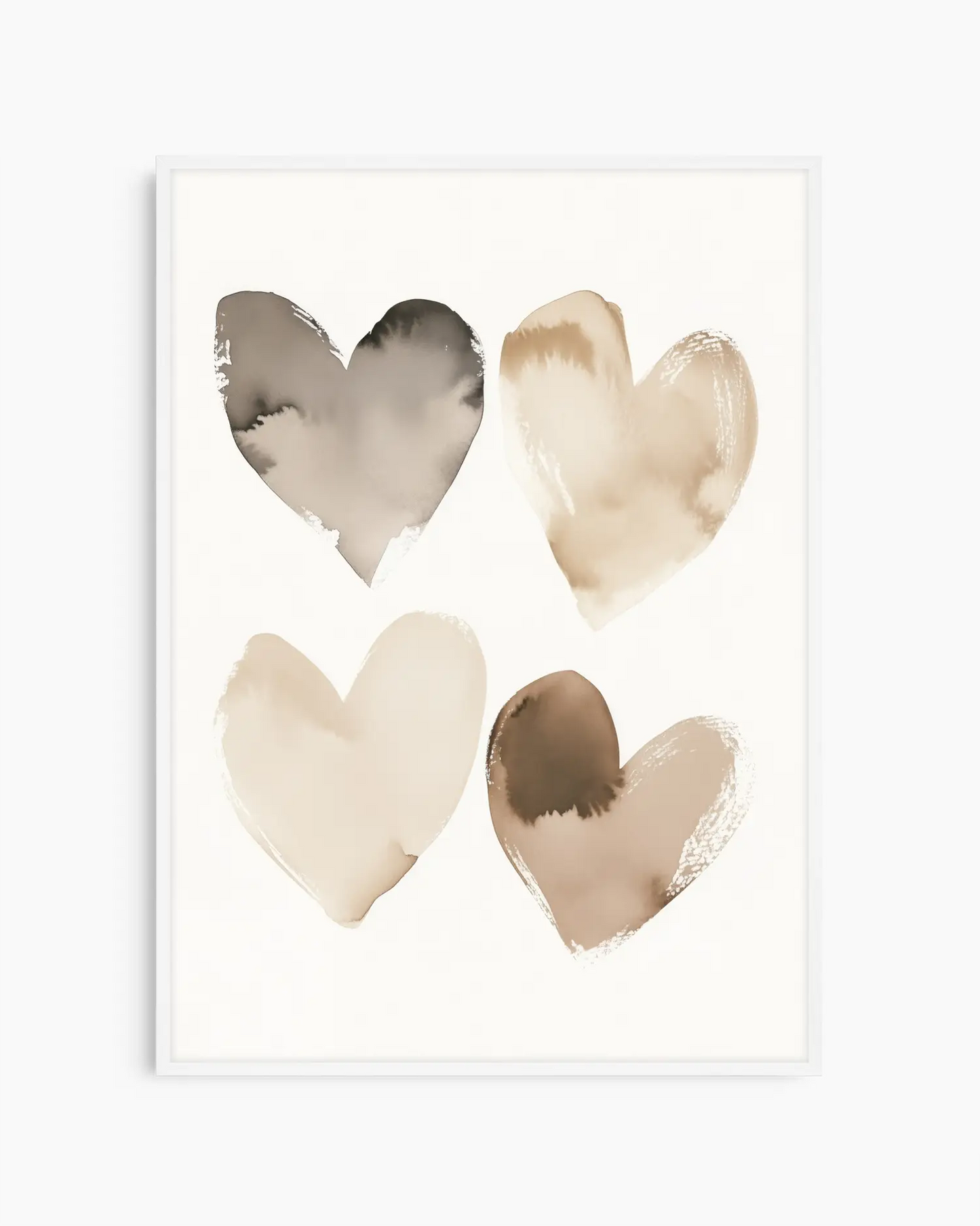 Framed artwork with four watercolor hearts in beige, brown, and white on a white background