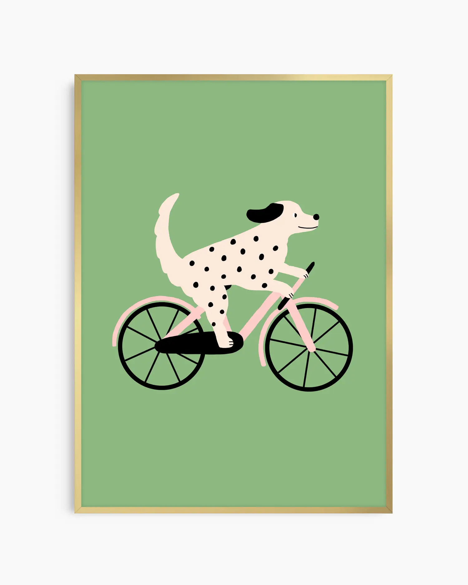 Framed artwork of a dalmatian dog riding a bicycle on a green background