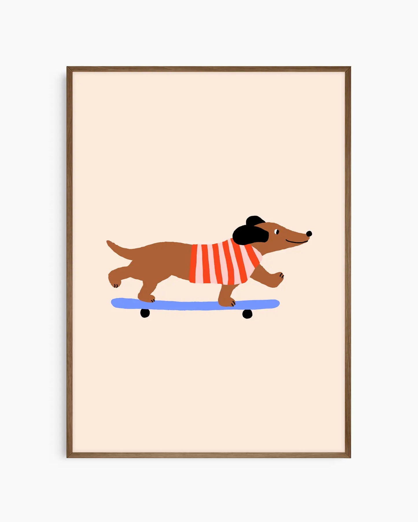 Framed artwork of a dachshund on a skateboard with a red sweater on a beige background