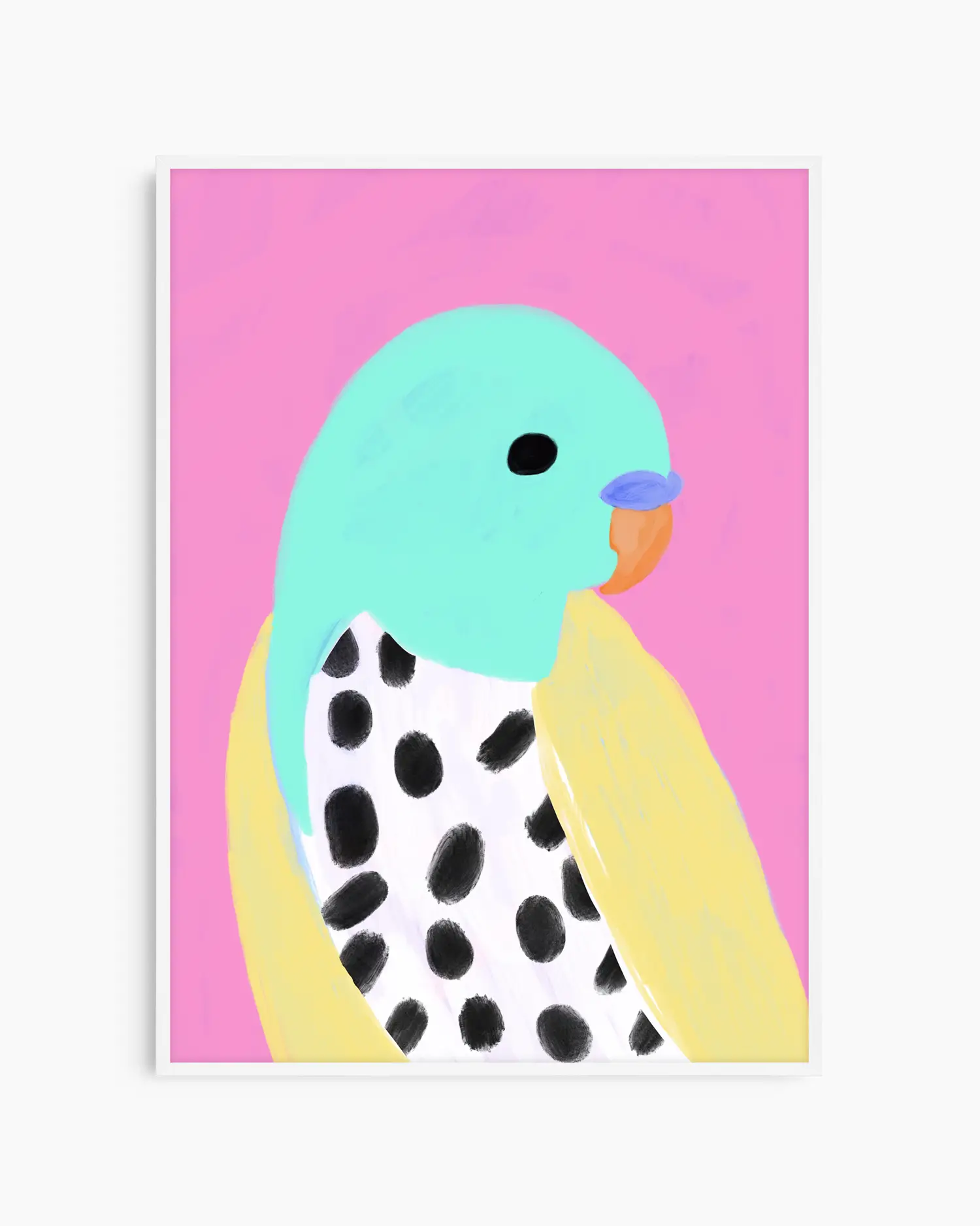 Colorful illustration of a bird with a pink background