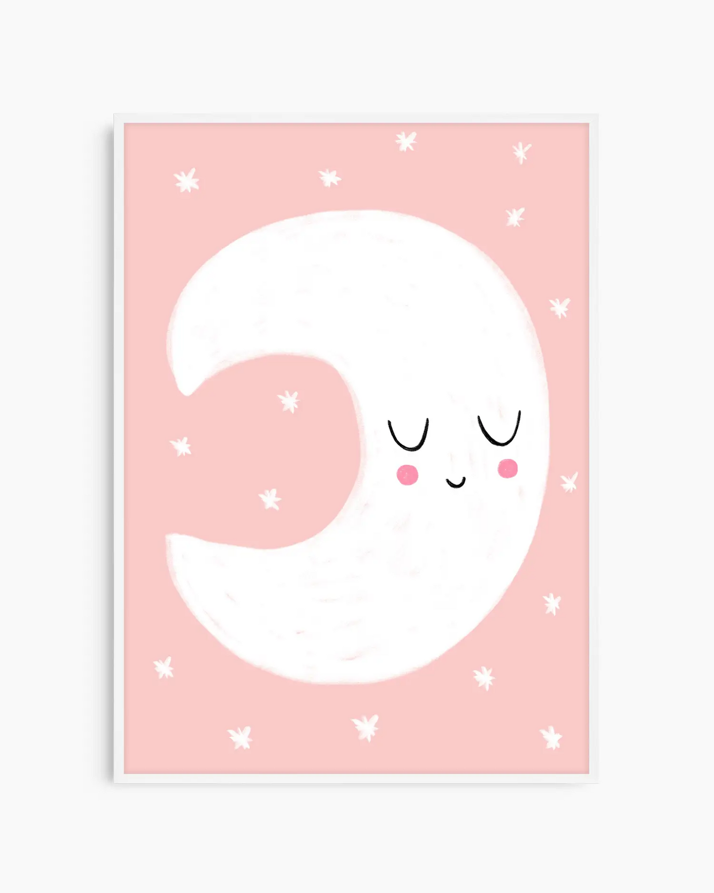 Illustration of a smiling moon on a pink background with white stars.