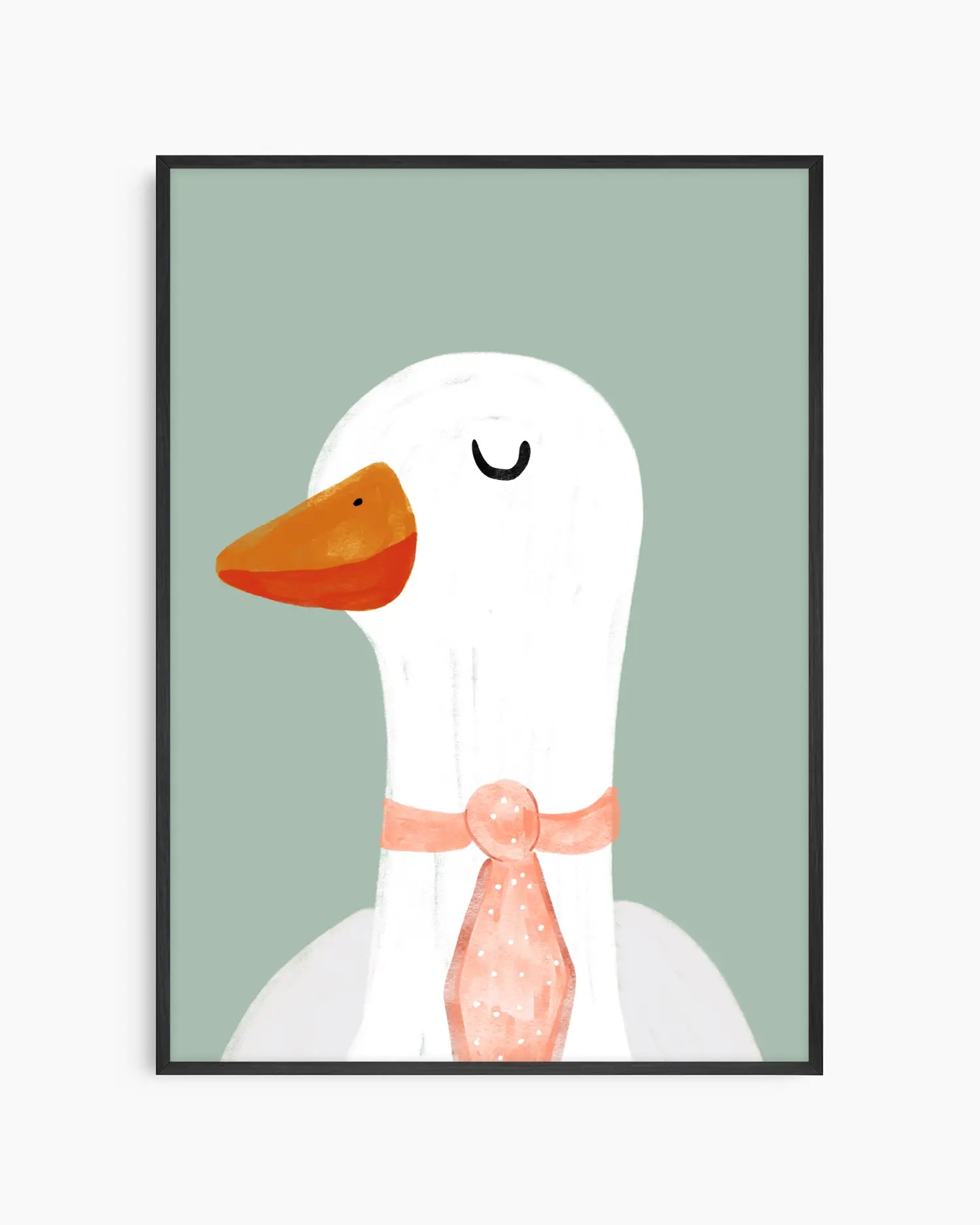 Framed artwork of a white goose with an orange beak and pink bow on a light green background