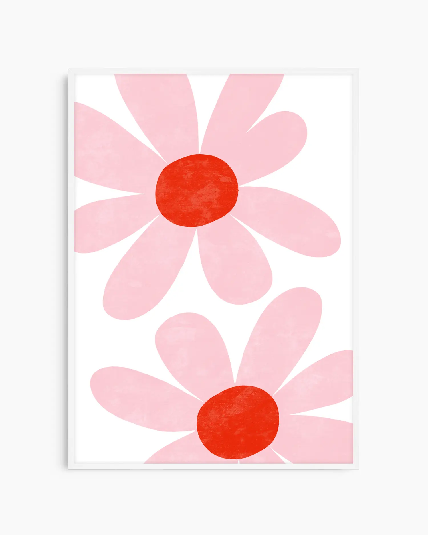 Two pink flowers with red centers on a white background