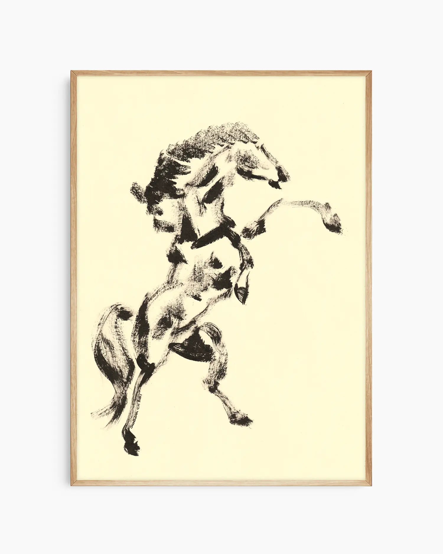 Framed artwork of a horse on a beige background