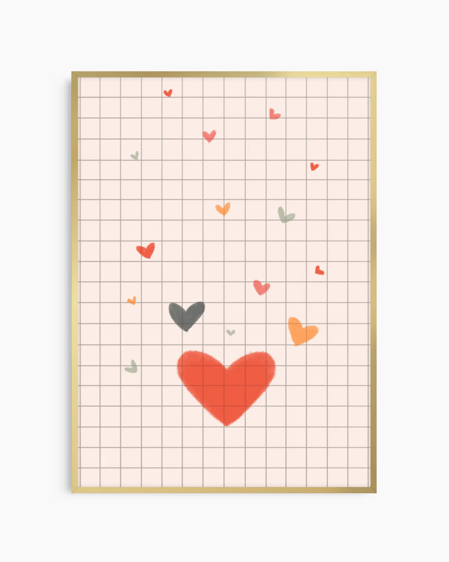 Framed artwork with a grid background and colorful hearts