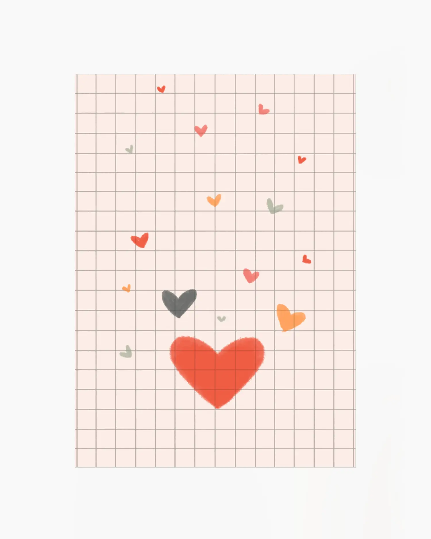 Grid paper with colorful heart shapes on a white background