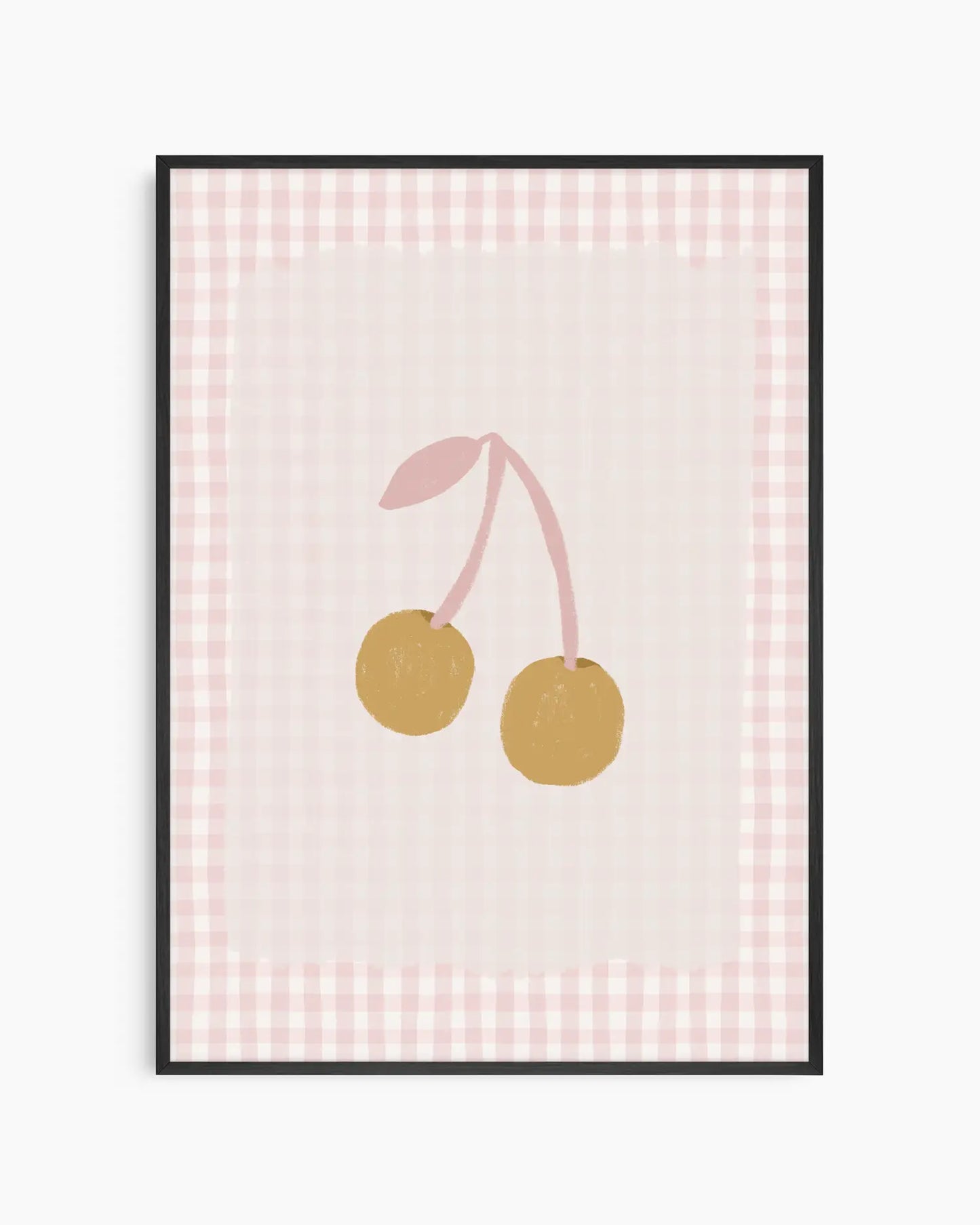 Framed artwork with two cherries on a pink checkered background