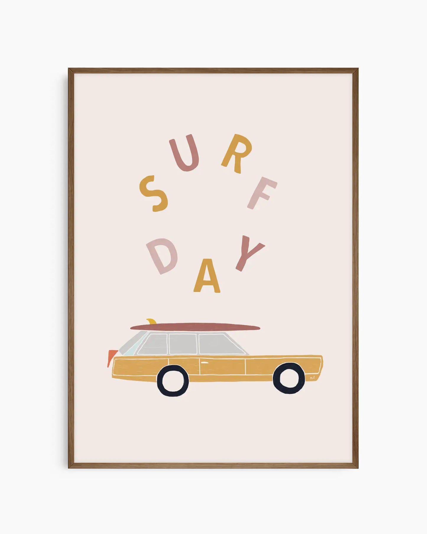 Framed artwork with a car and 'Surf Day' text on a light background