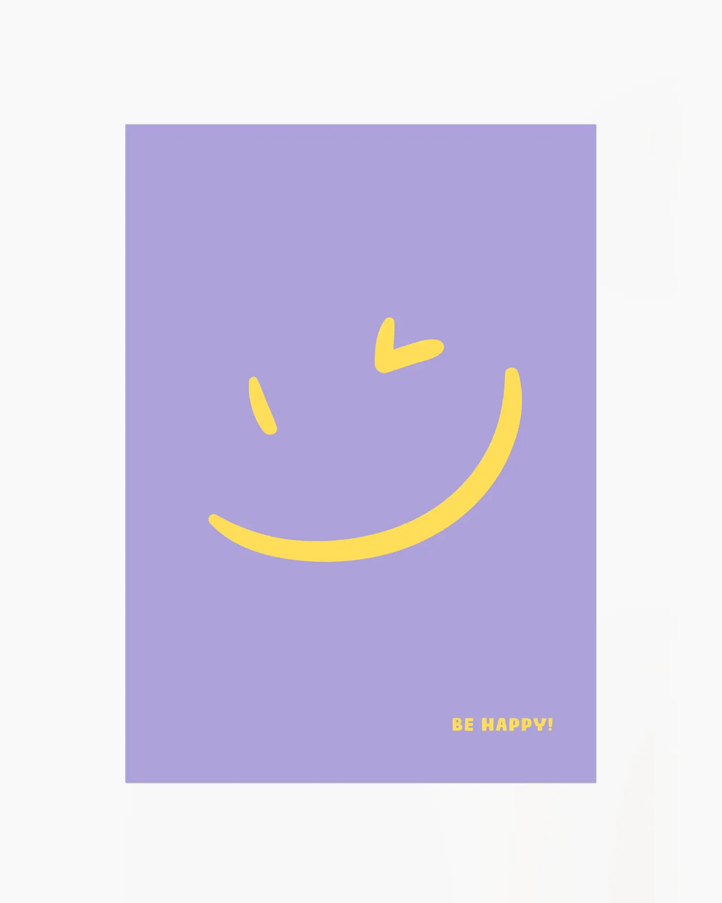 Nursery poster with a yellow smiley face and 'BE HAPPY!' text on a purple background.