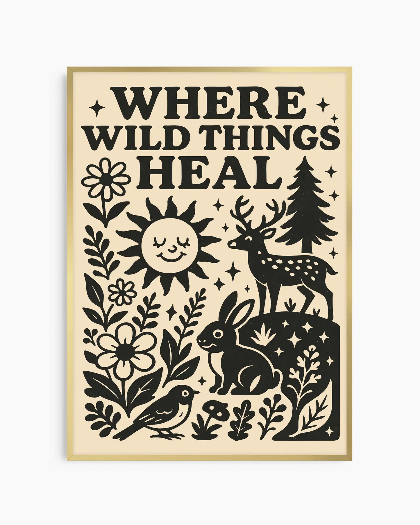 Decorative poster with black illustrations of nature elements and text 'Where Wild Things Heal' on a beige background.