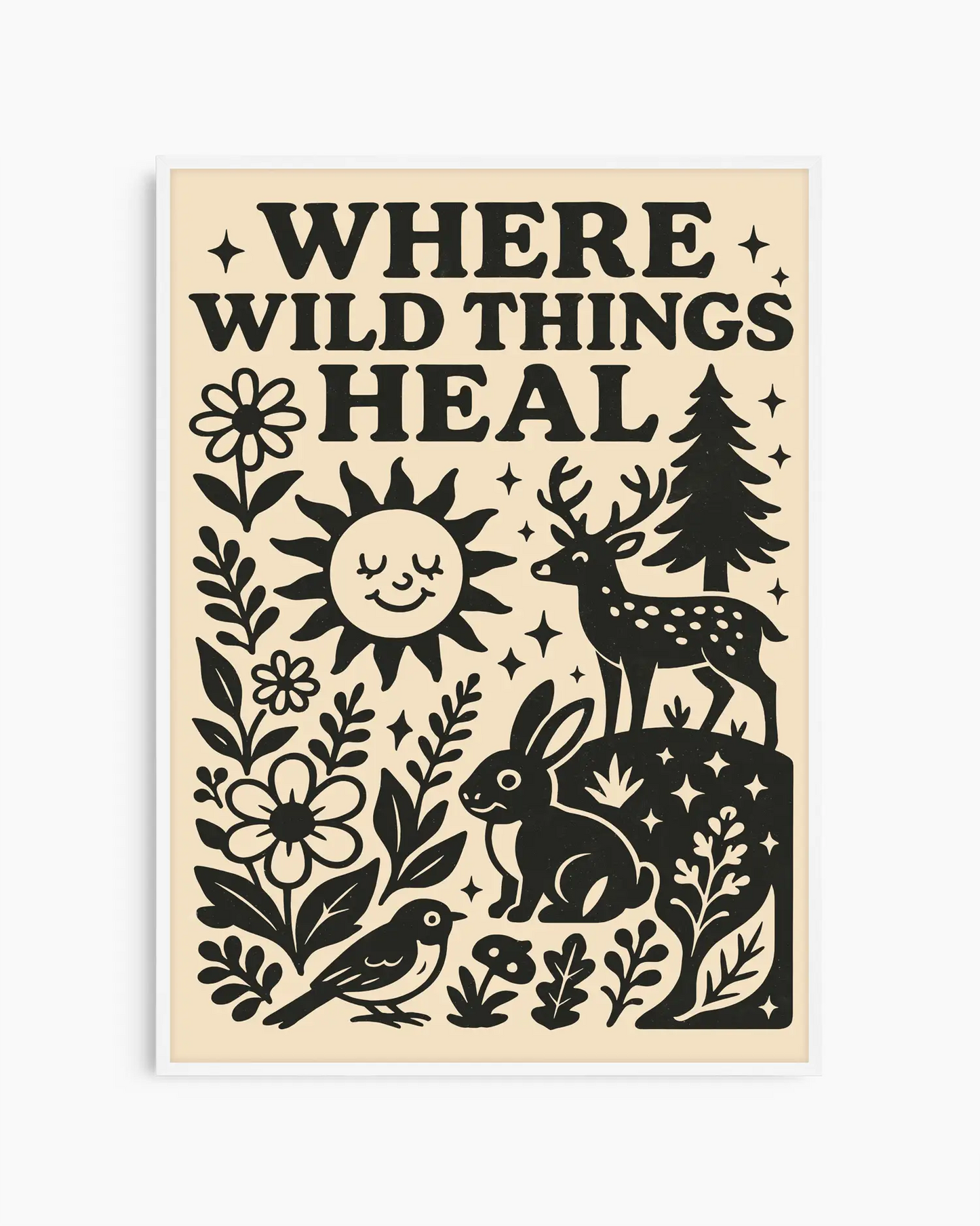 Decorative poster with black illustrations of nature elements and text 'Where Wild Things Heal' on a beige background.