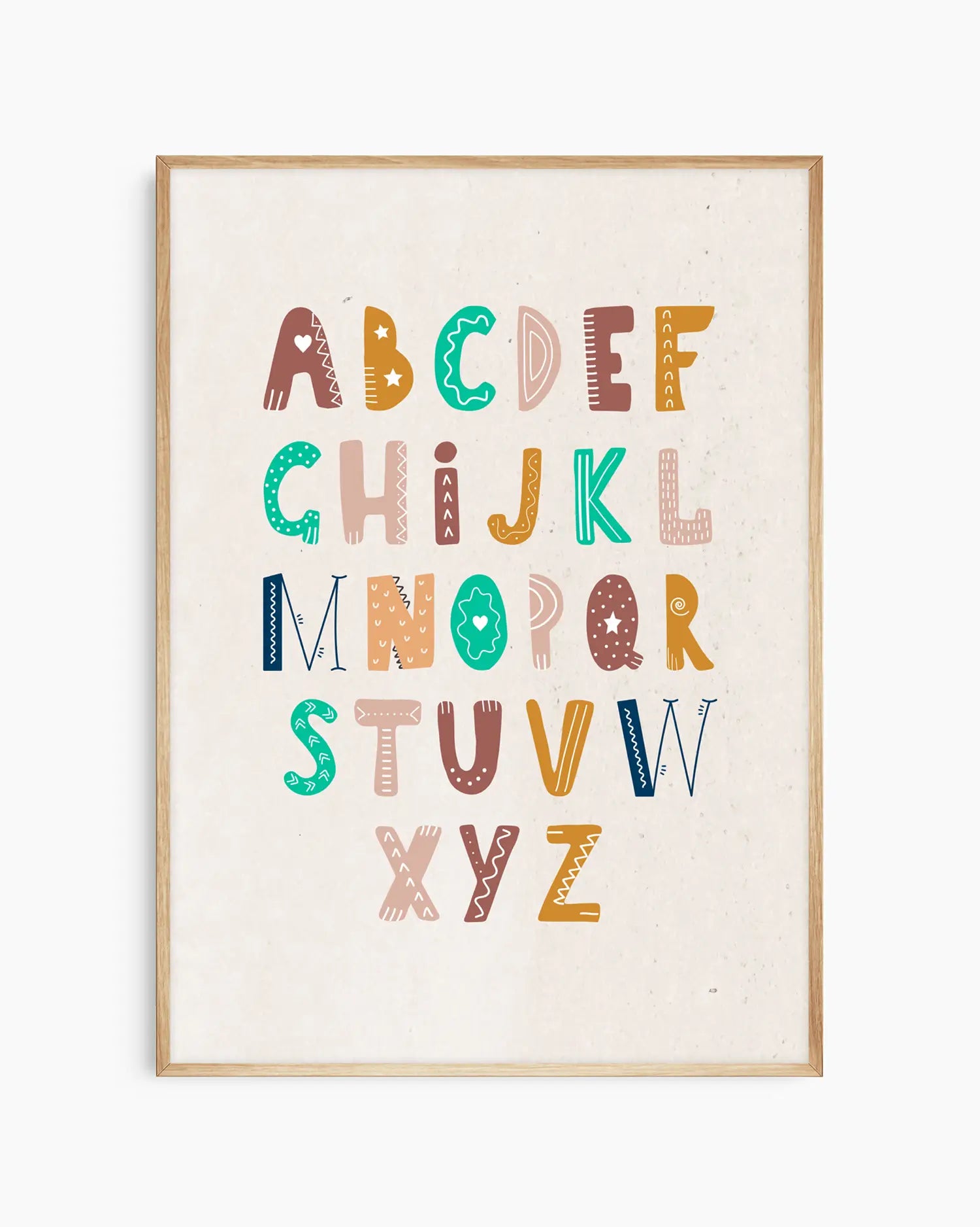 Framed poster with colorful alphabet letters on a white background