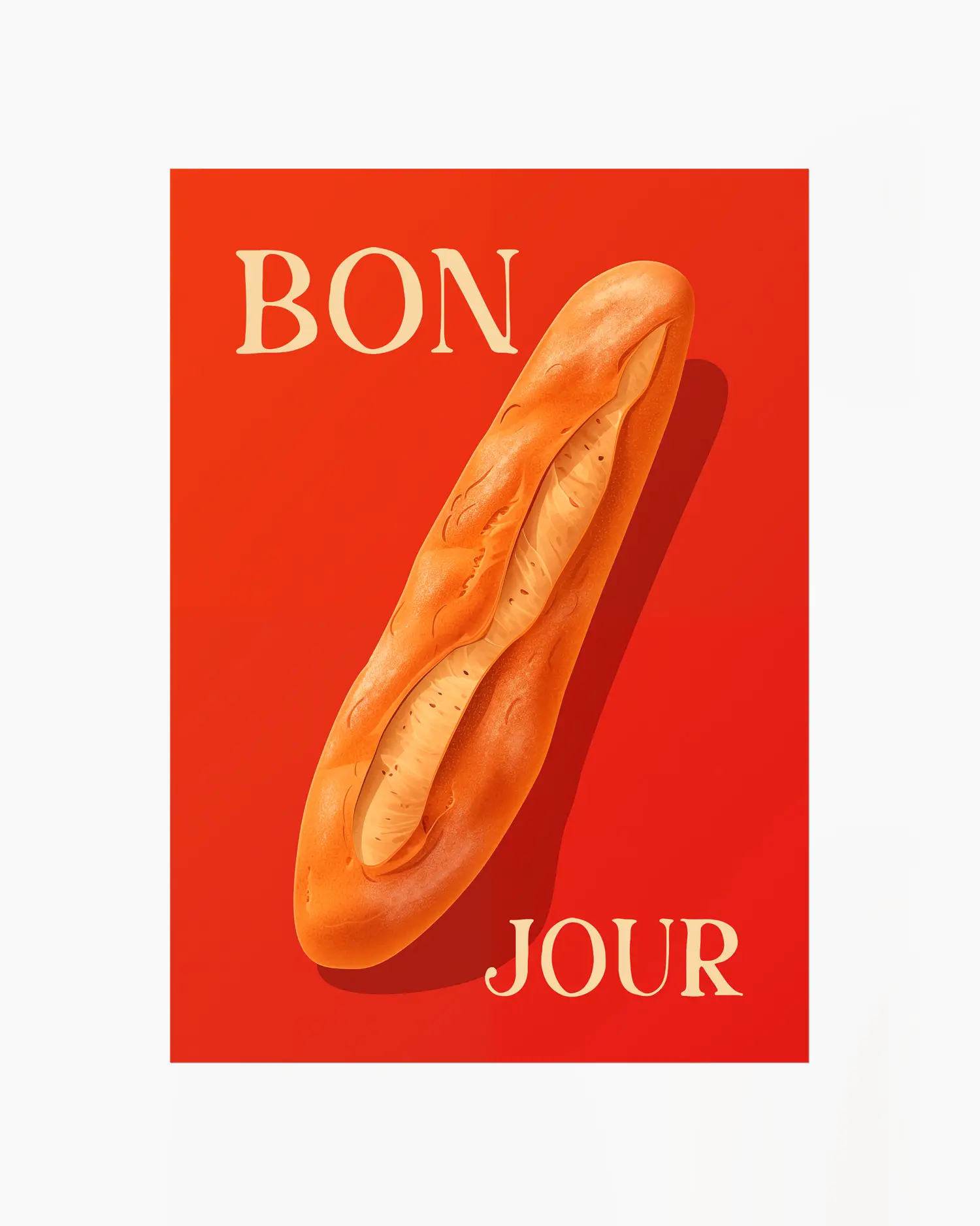 Nursery poster with a baguette on a red background with 'BONJOUR' text.