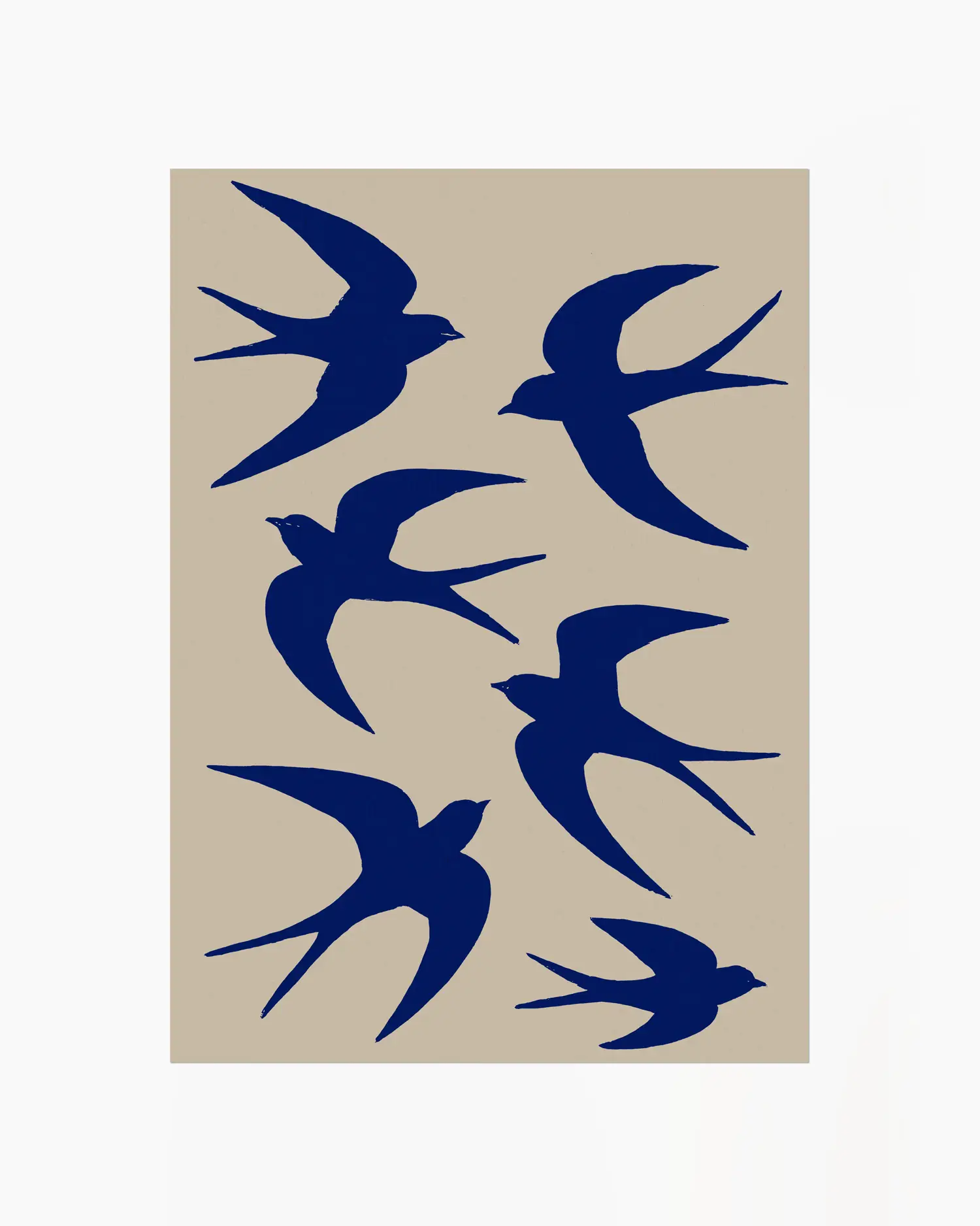 Set of six blue bird silhouettes on a beige background