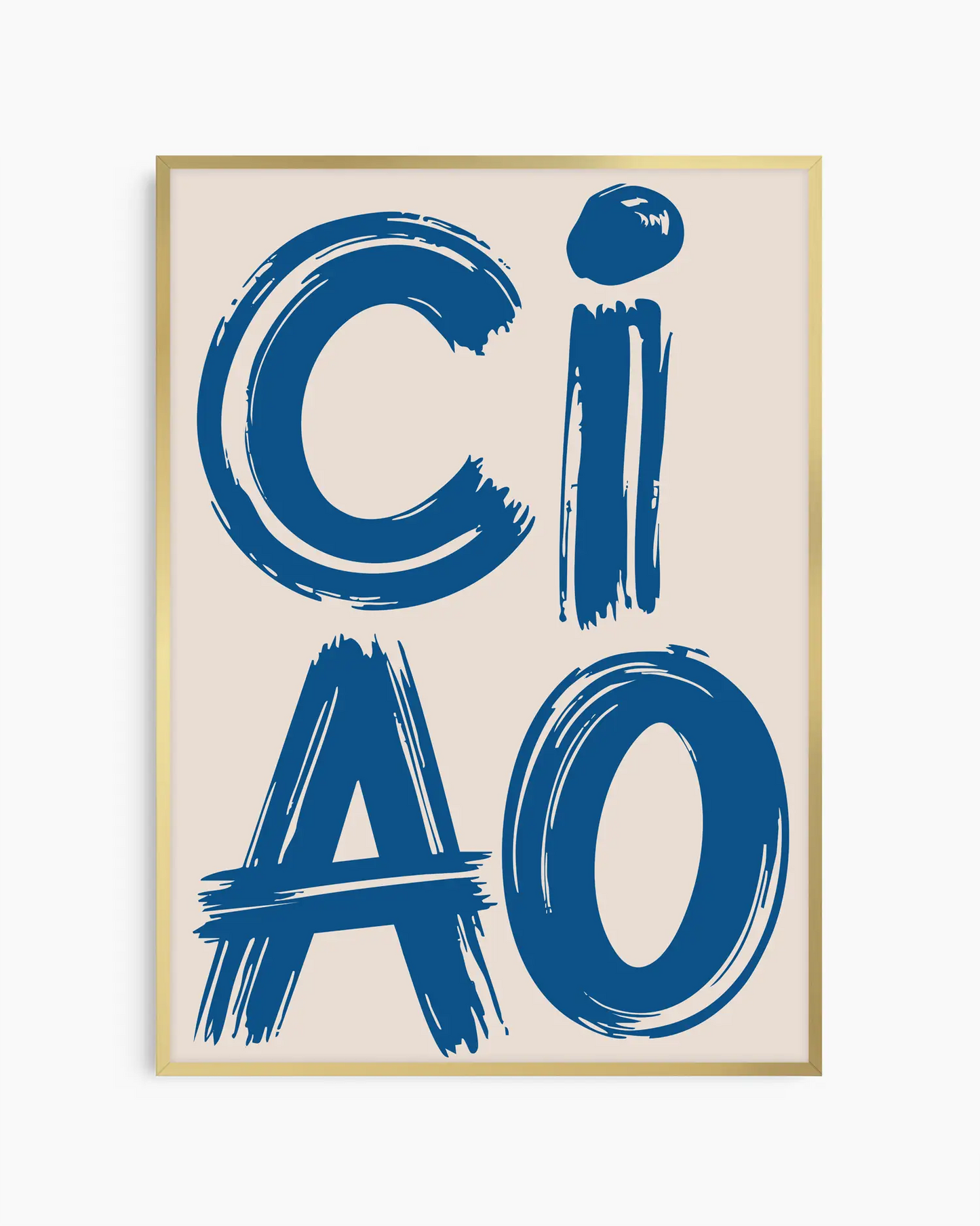 Nursery poster with 'CIAO' in blue on a beige background, framed in a golden aluminium frame.