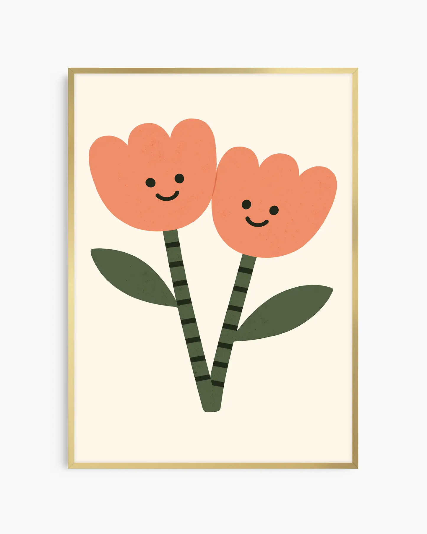 Framed nursery poster of two smiling orange flowers with green stems and leaves on a beige background.