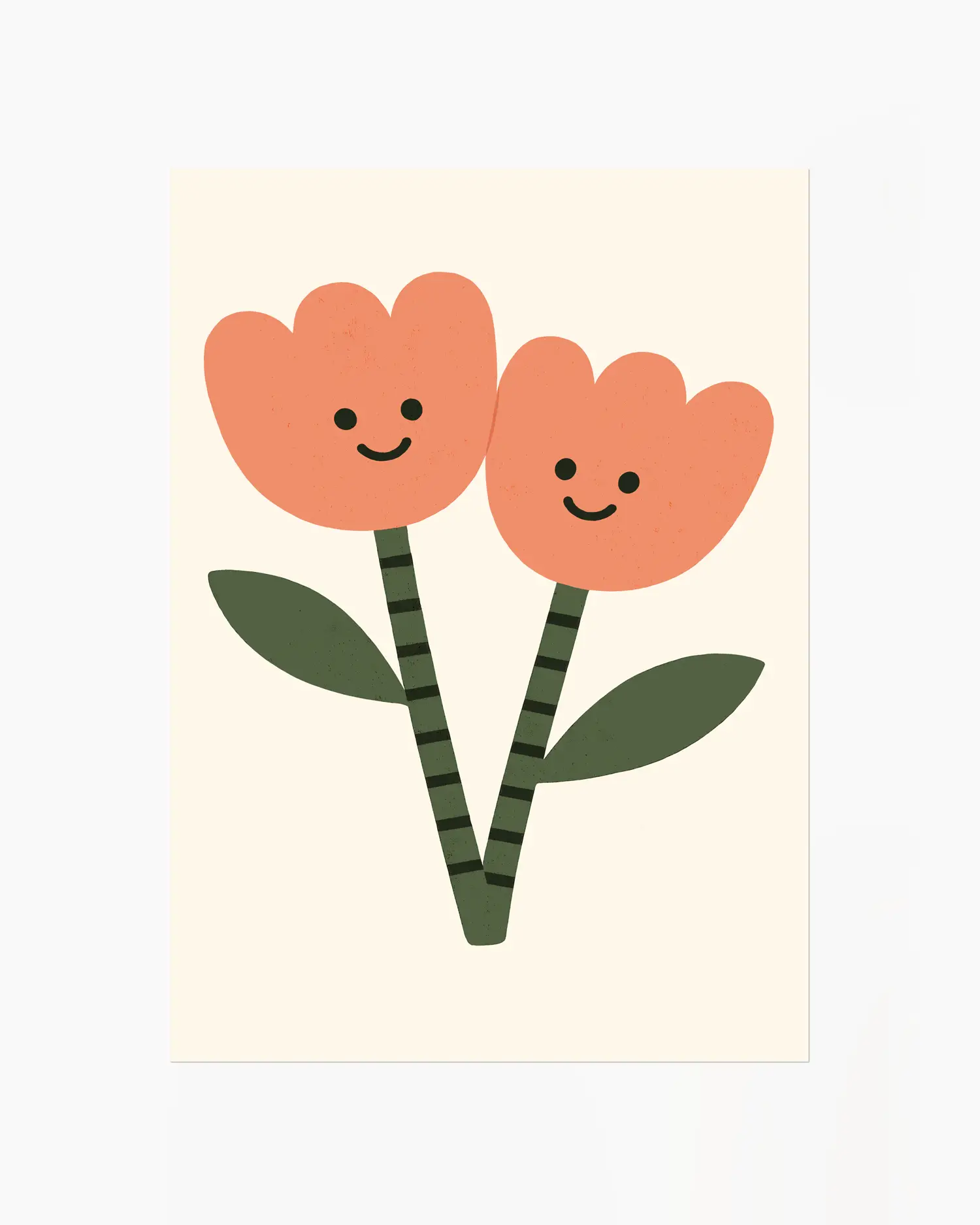 Poster with two smiling orange flowers with green stems on a beige background