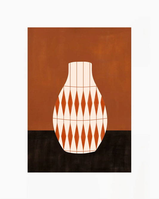 Artwork of a geometric vase design on a brown and black background. 