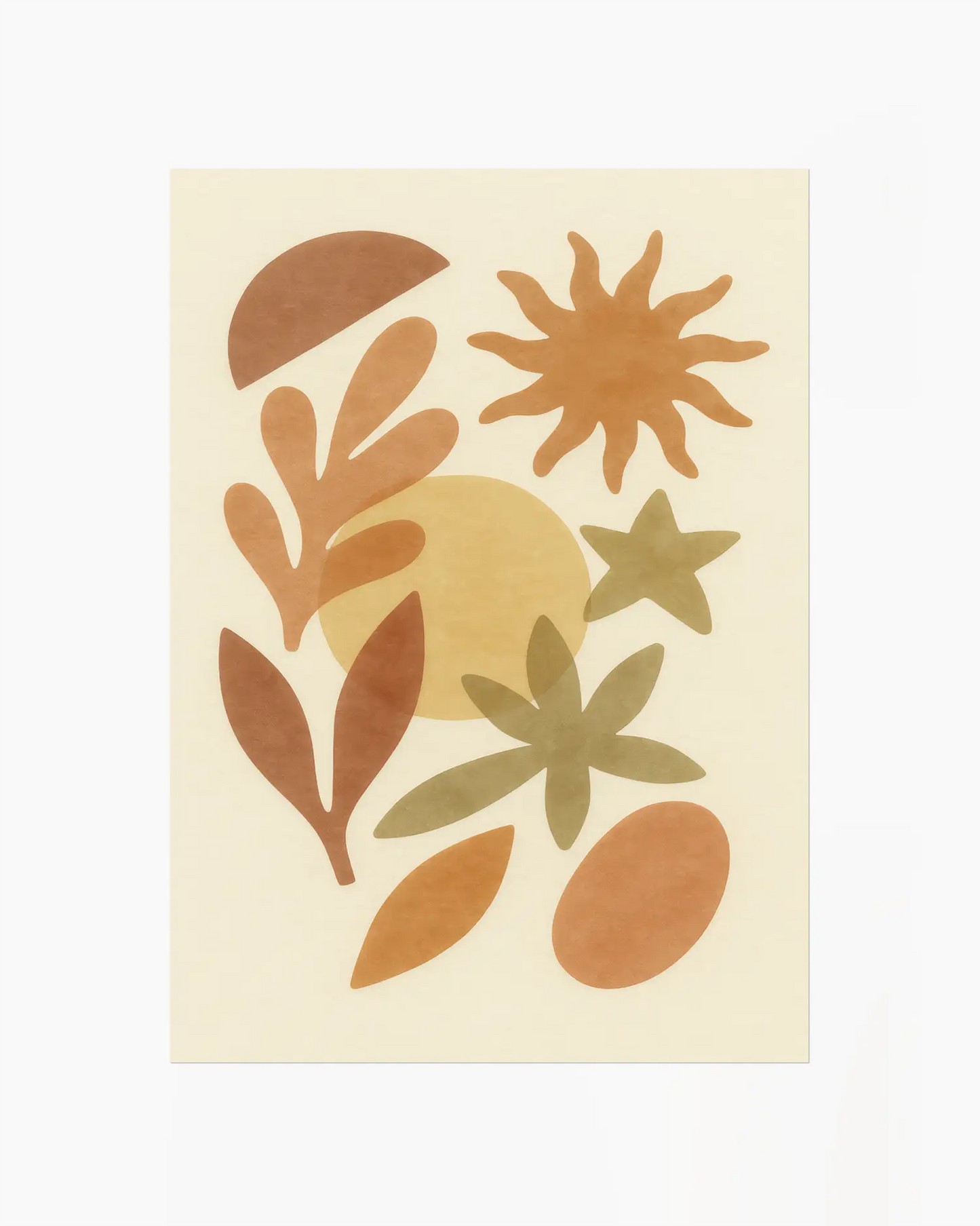 Decorative design with stylized leaves and shapes on a beige background