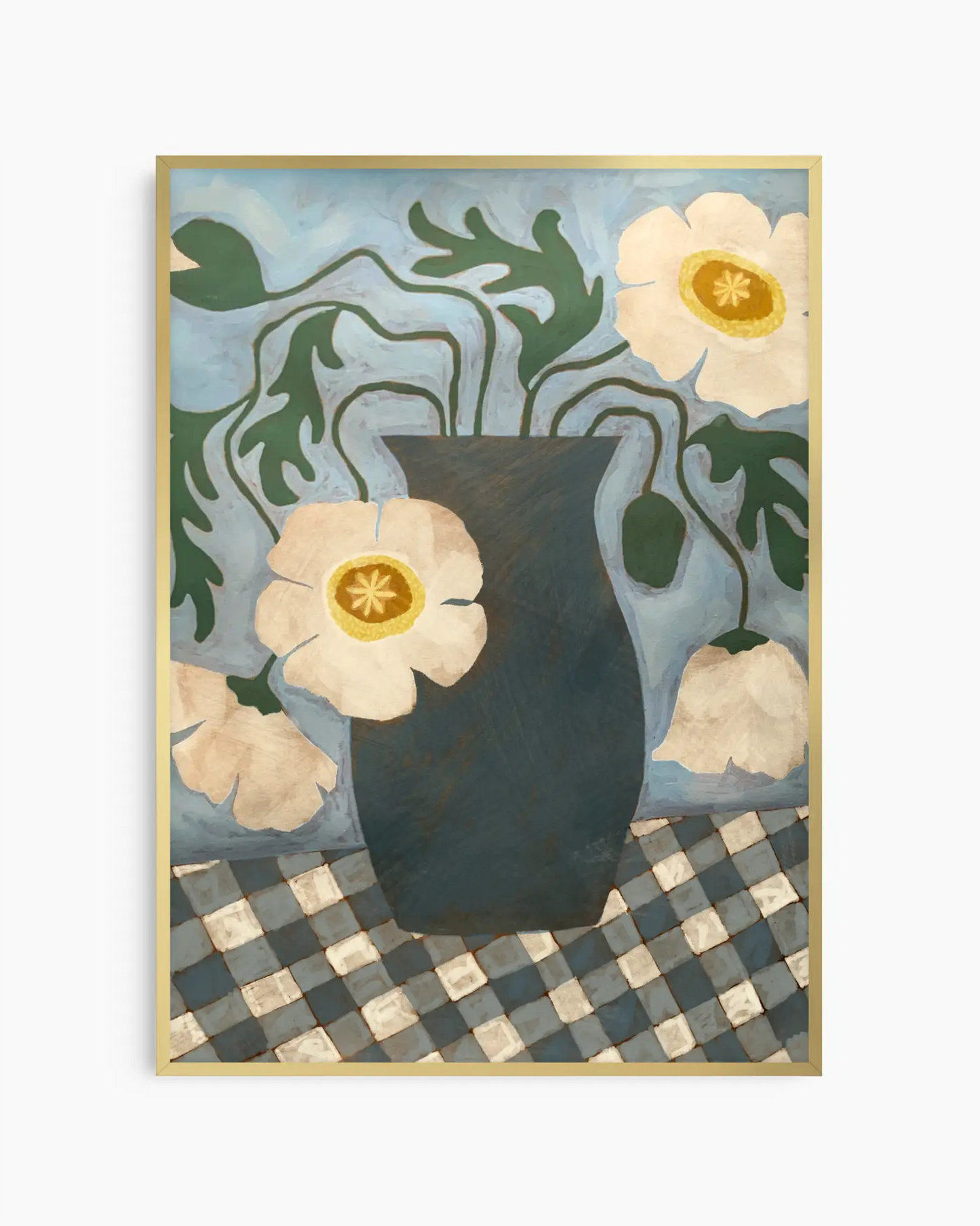 Framed artwork with a black vase and white flowers on a checkered background