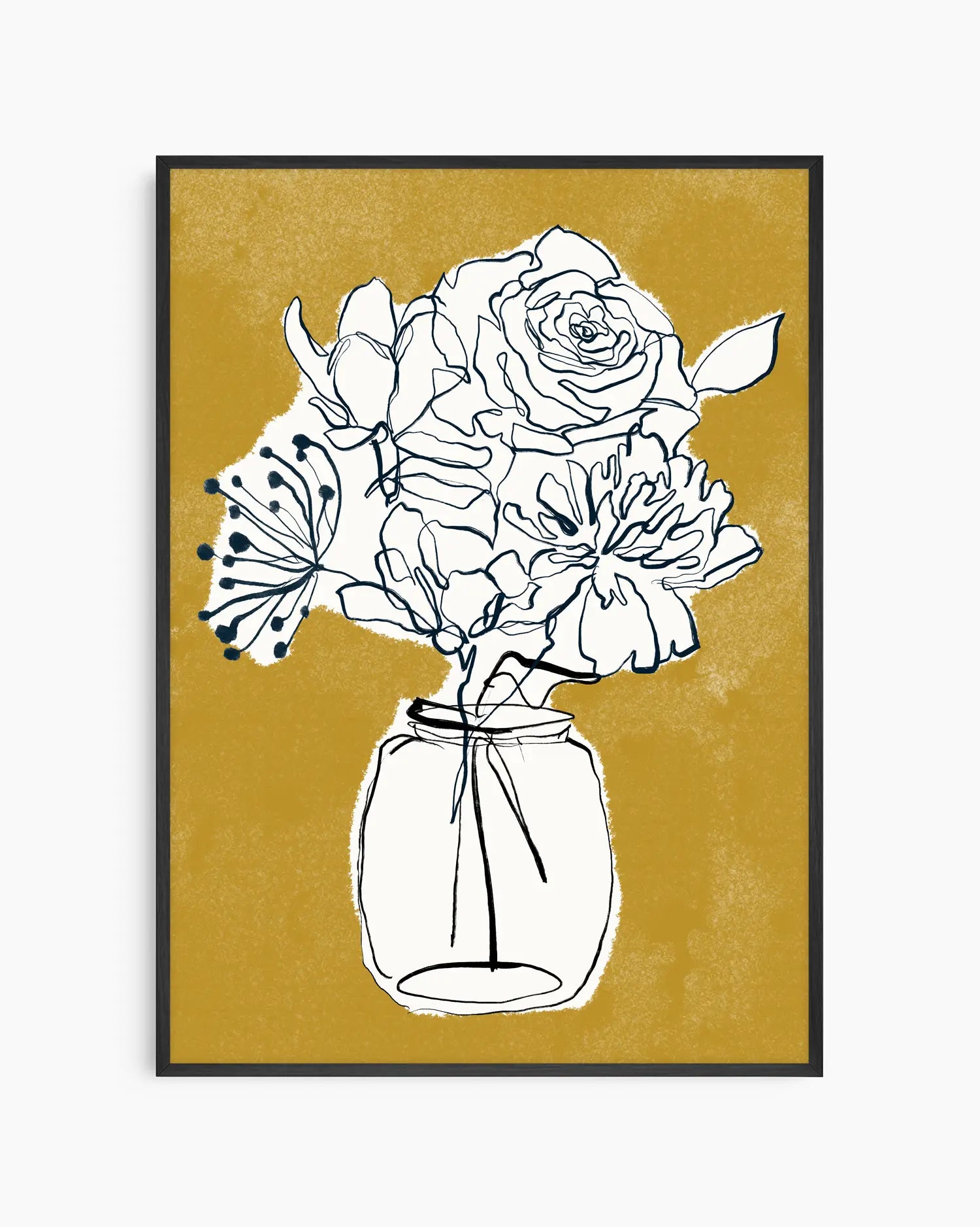Framed artwork of a black line drawing of flowers in a jar on a mustard yellow background