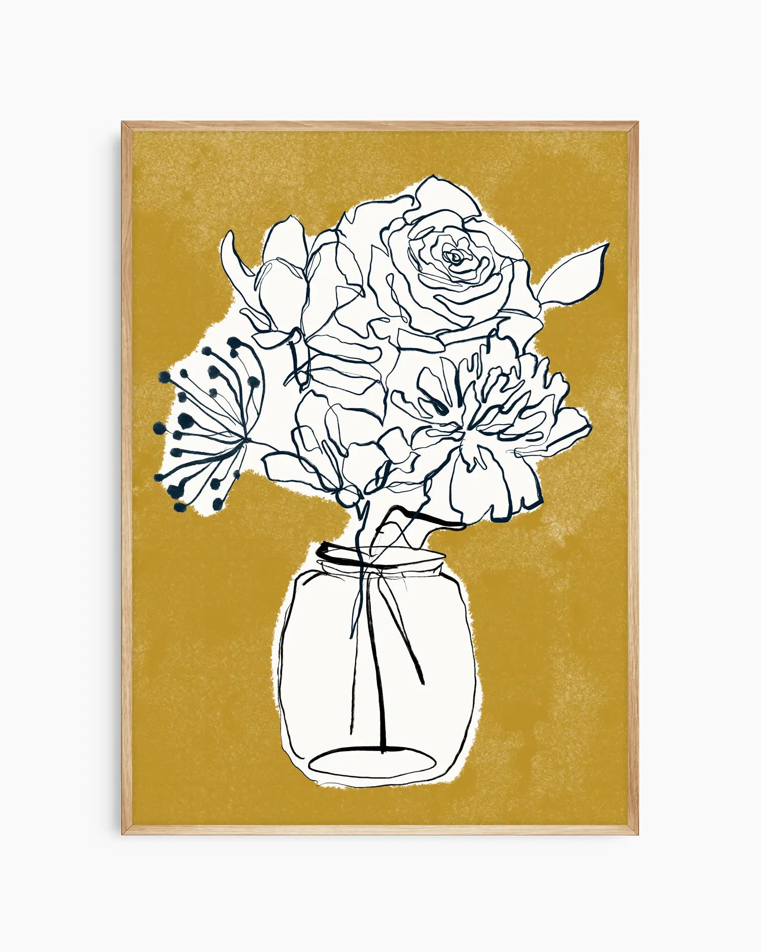 Black line art of flowers in a jar on a mustard yellow background