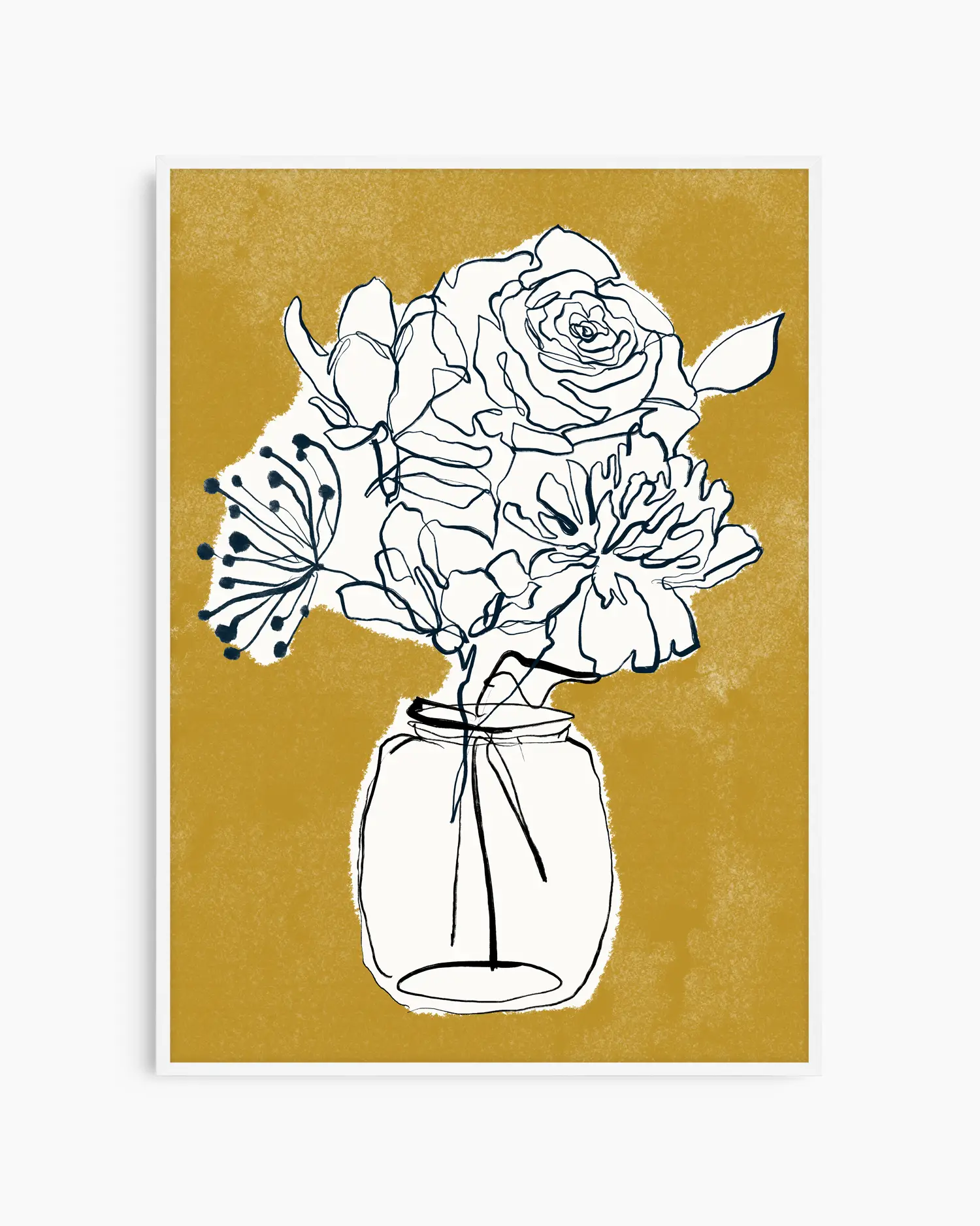 Black line drawing of flowers in a jar on a mustard yellow background