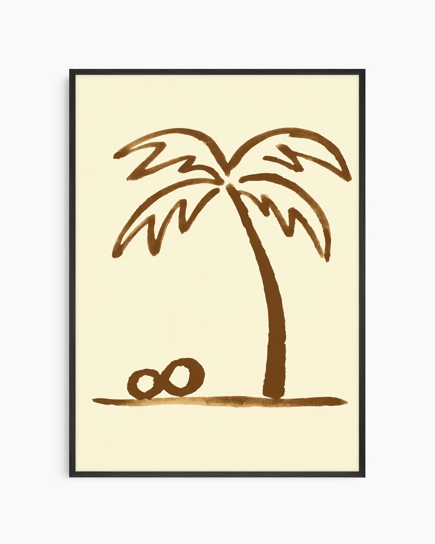 Framed artwork of a palm tree with a sand dollar on a beige background