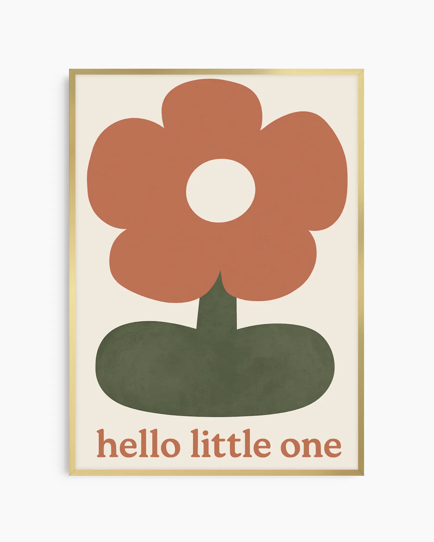 Framed artwork with a red flower and 'hello little one' text on a beige background