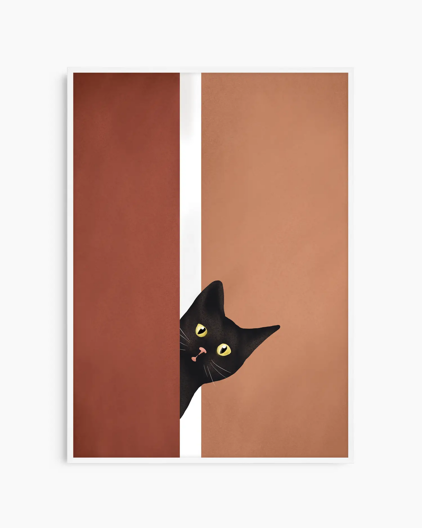 Black cat peeking out from behind a brown door