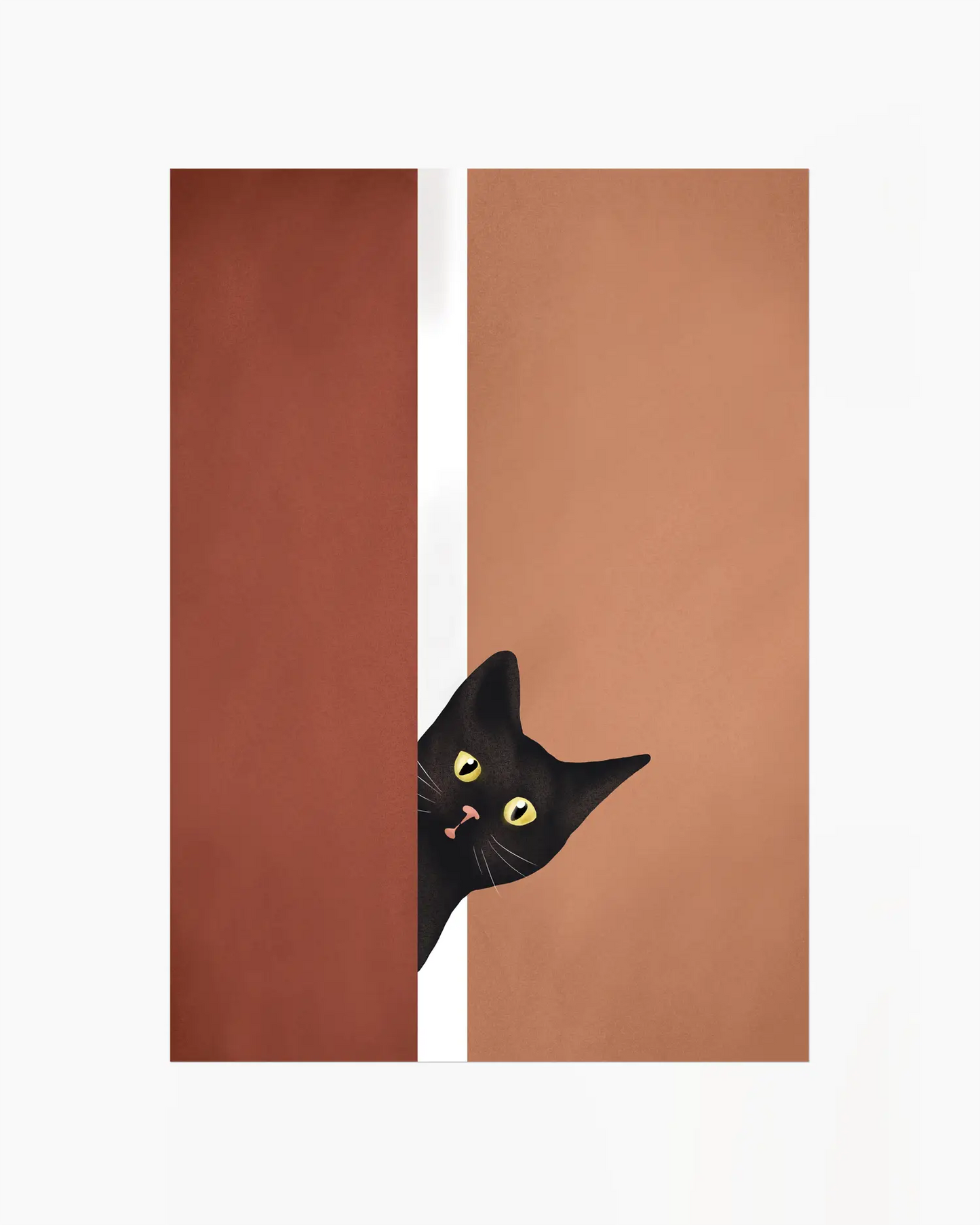 Black cat peeking from behind a brown door