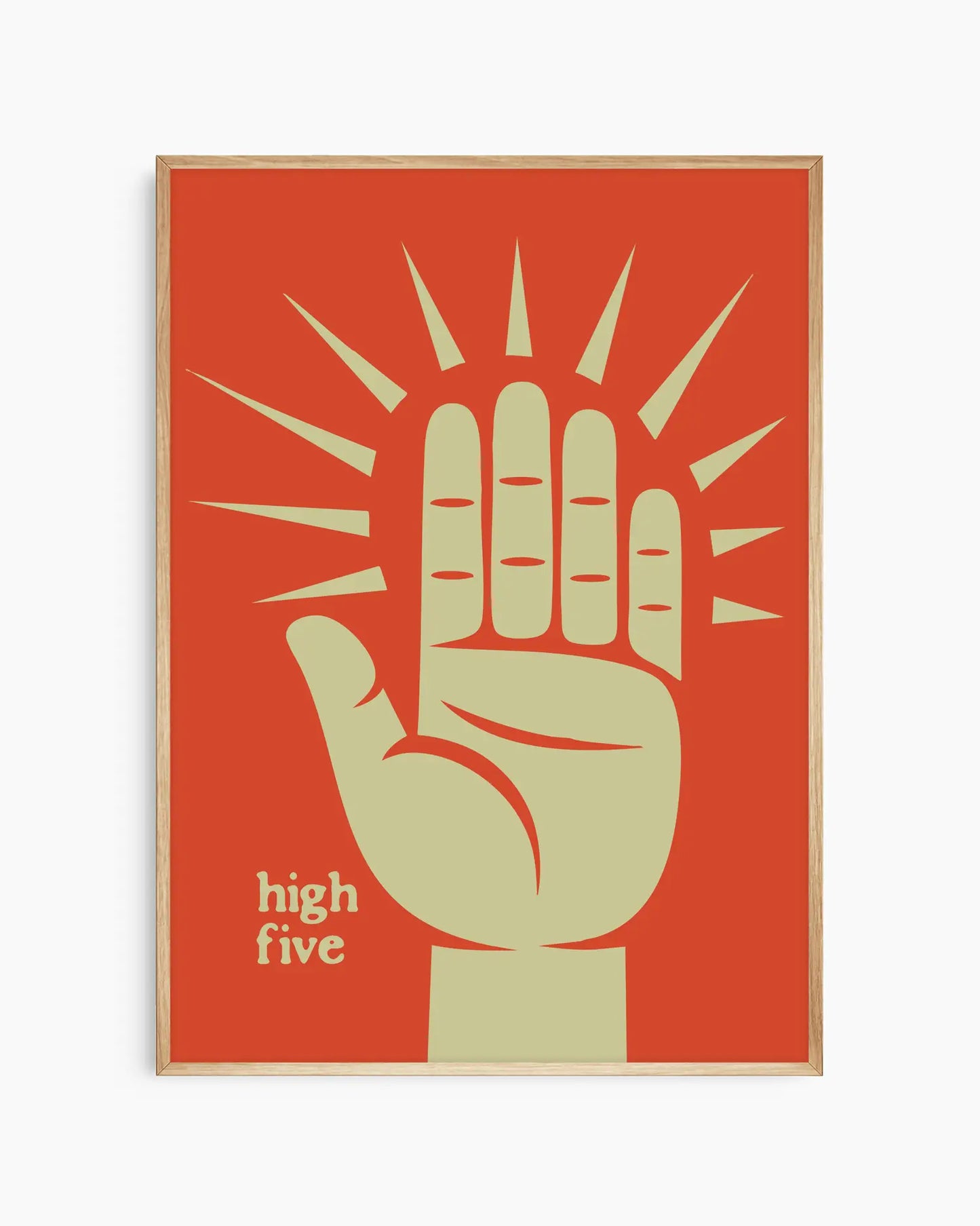 Nursery poster with a graphic of a hand giving a high-five on a red background framed in an oak wooden frame.