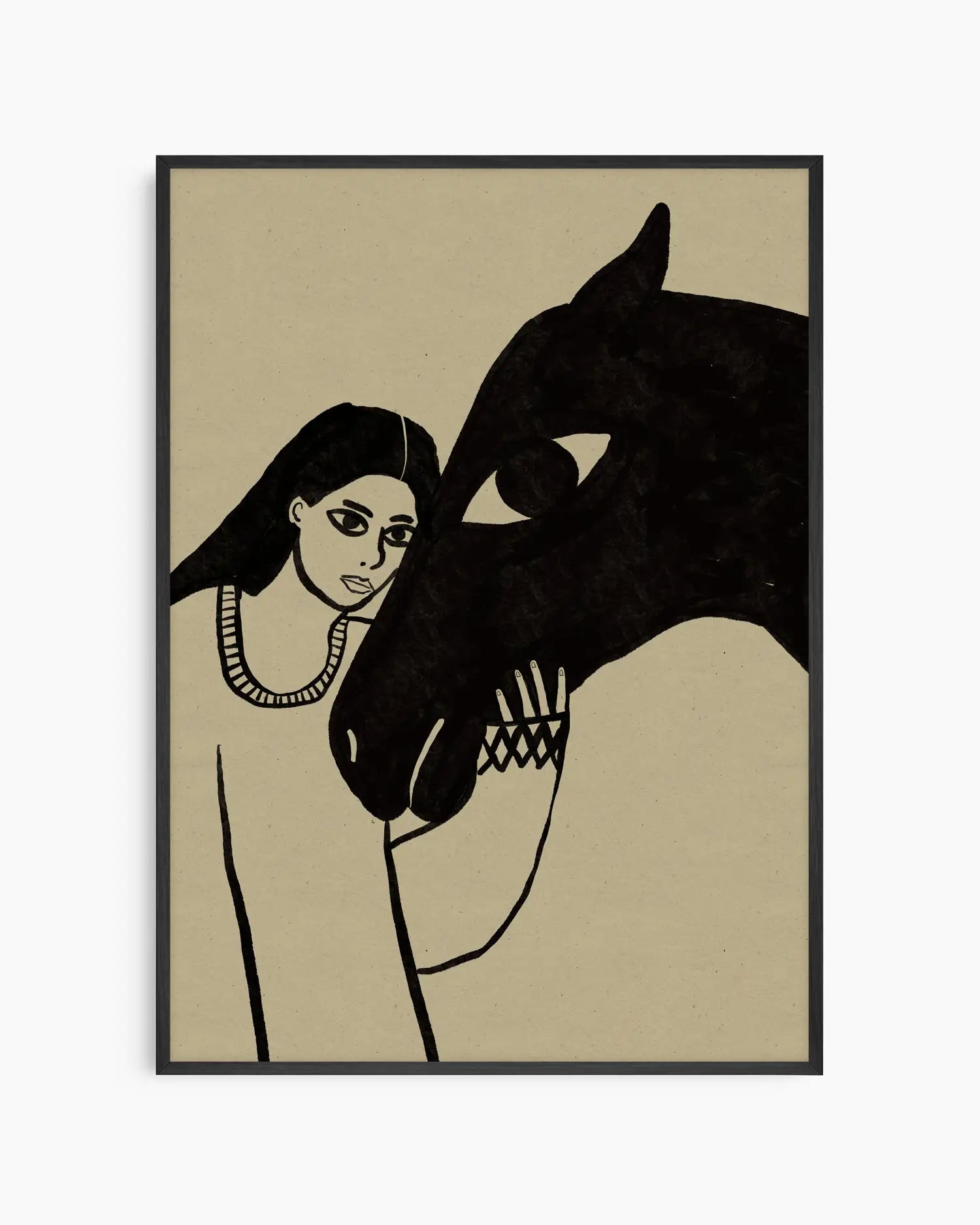 Illustration of a woman and a horse on a beige background