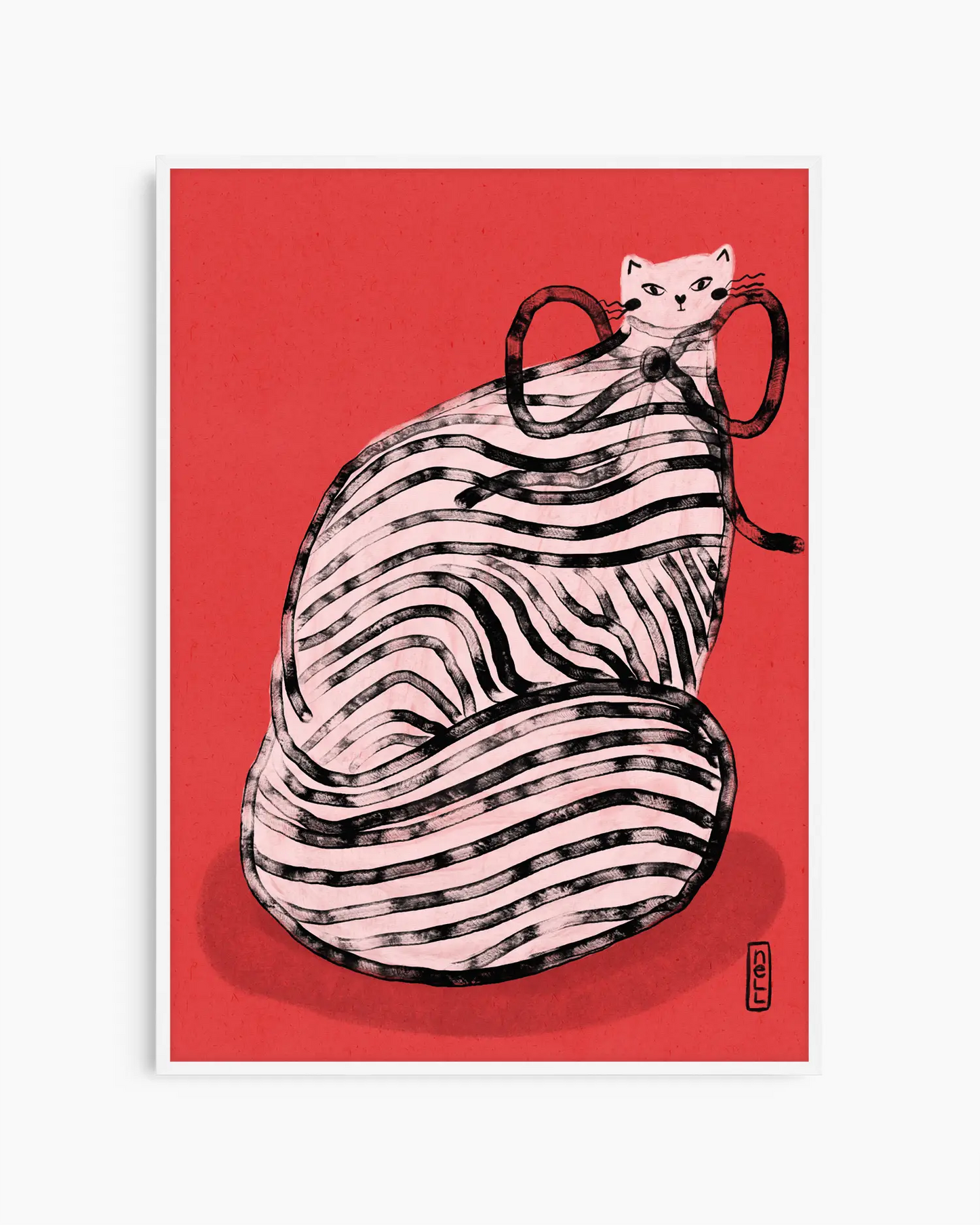 Illustration of a cat in a zebra-striped dress on a red background