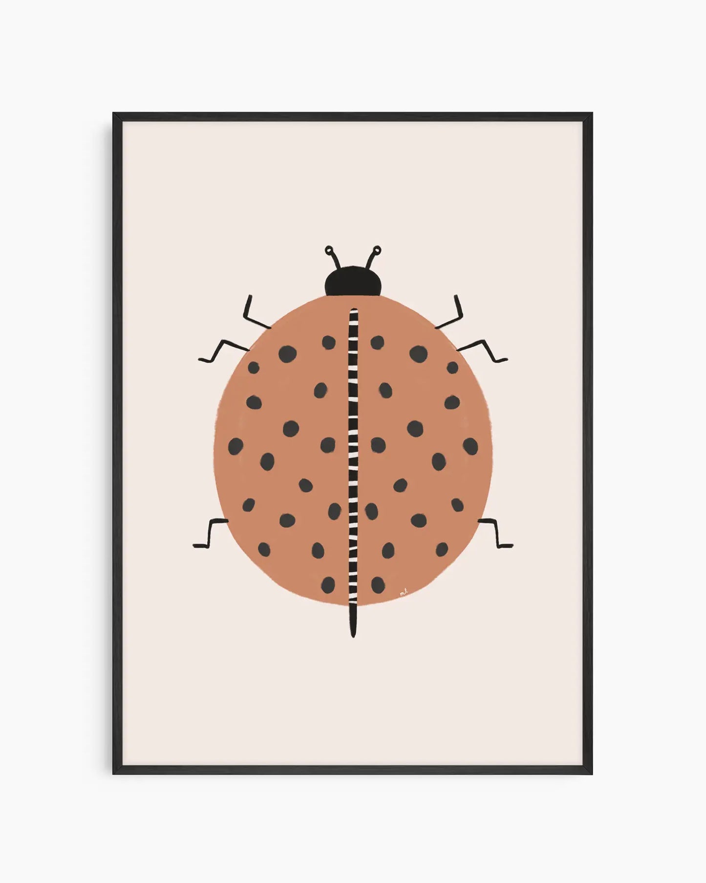 Framed artwork of a ladybug on a beige background. Black frame.