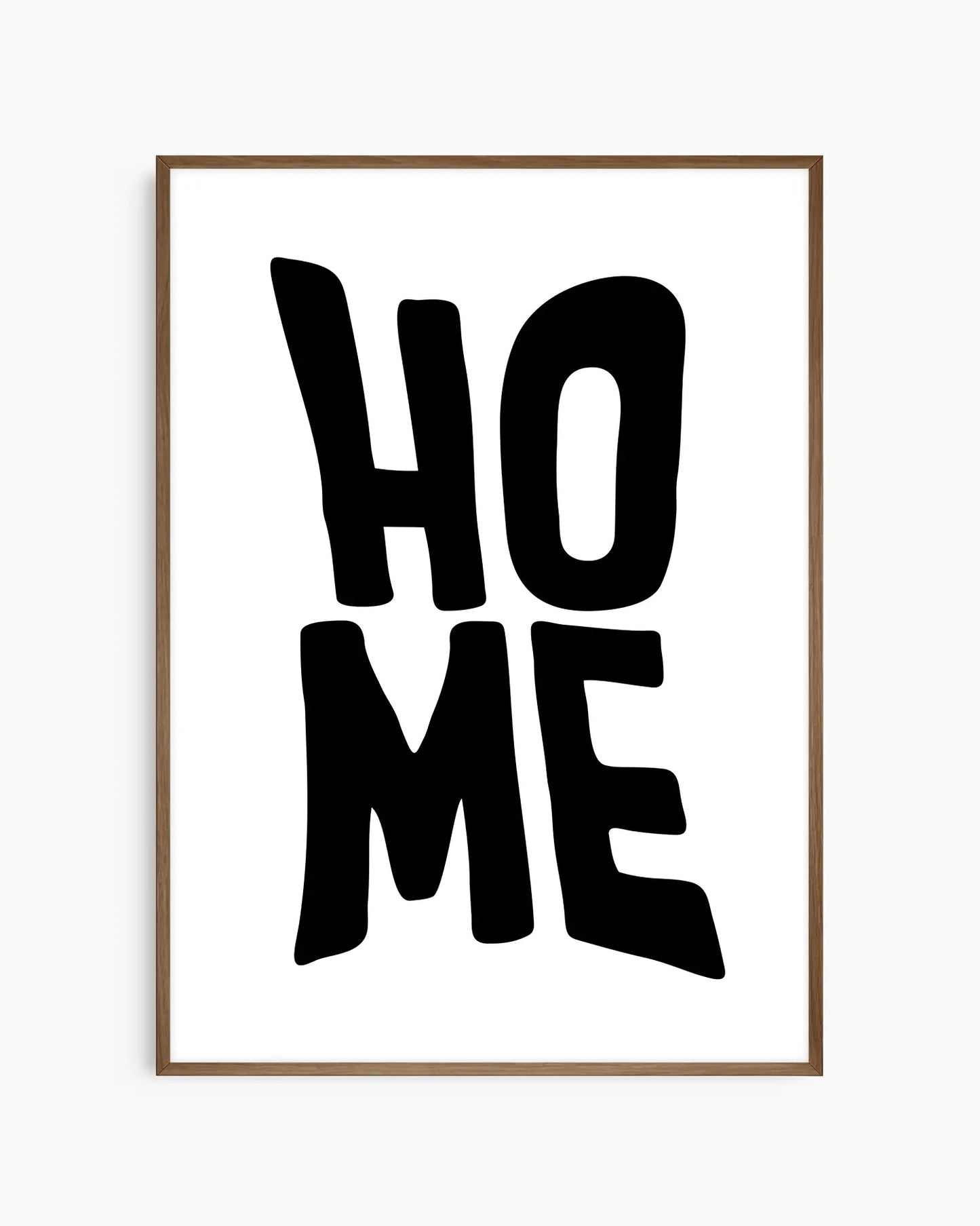 Framed artwork with 'HOME' text on a white background in a smoked oak wooden frame.
