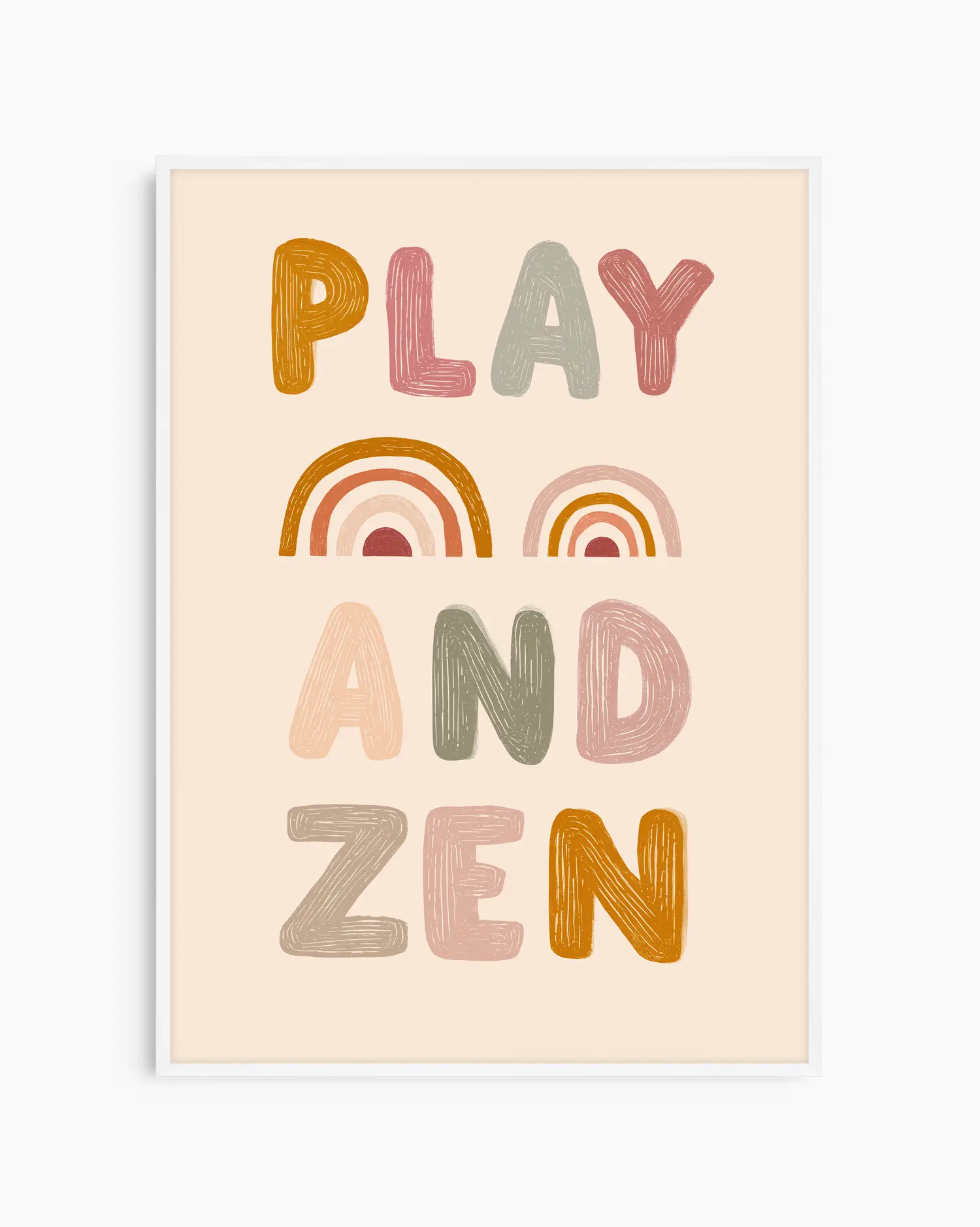 Poster with 'PLAY AND ZEN' text and rainbow designs on a beige background