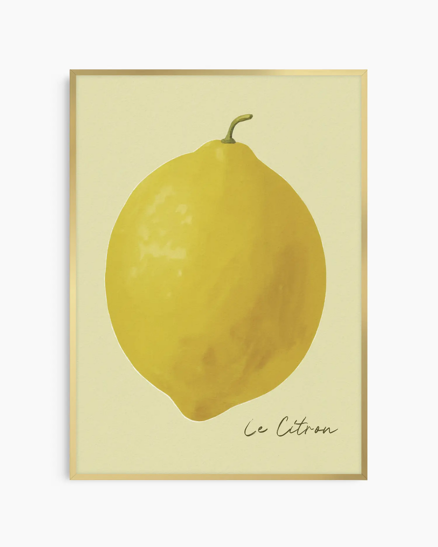 Framed artwork of a lemon with 'Le Citron' text on a light background in a golden aluminium frame.