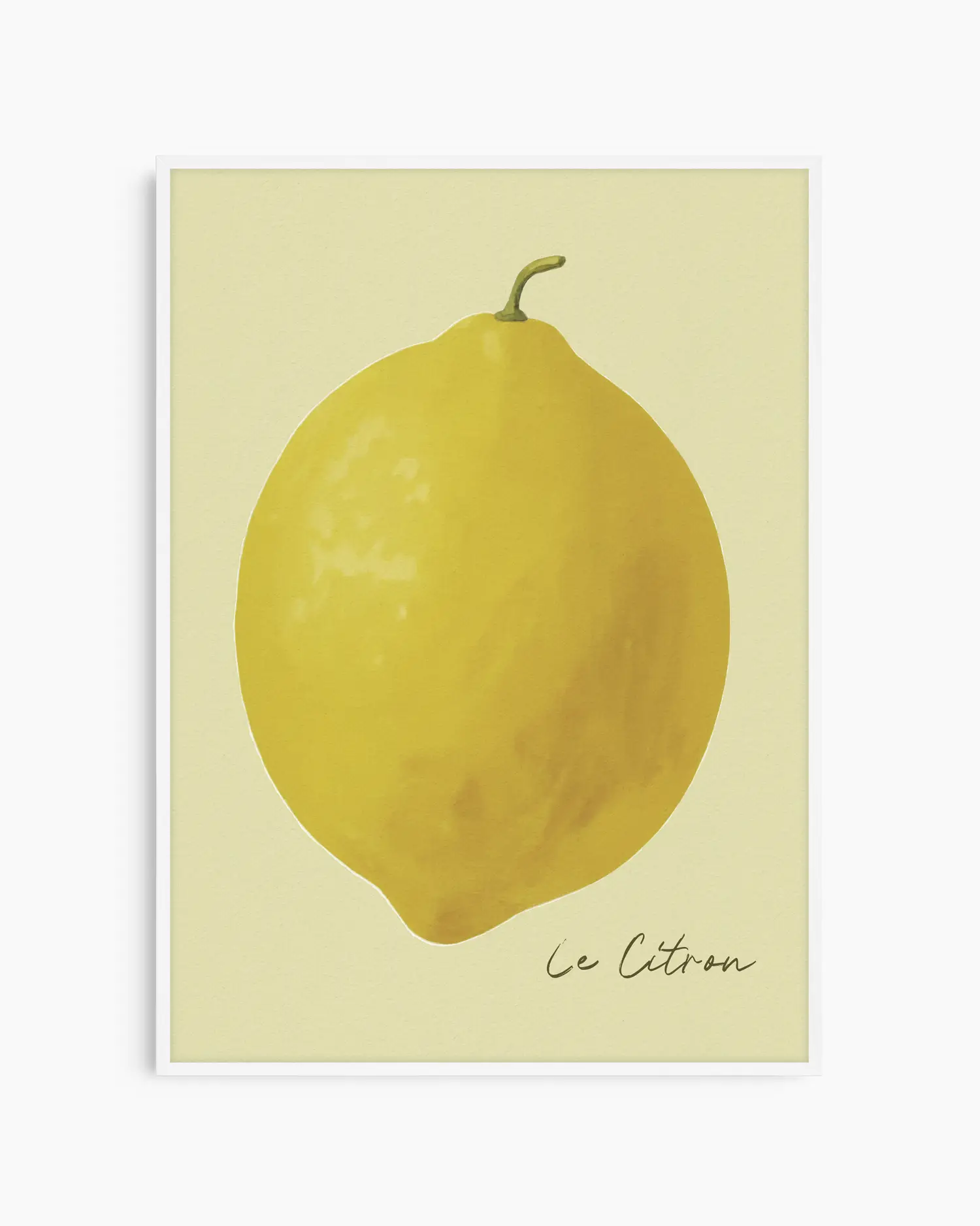 Framed artwork of a lemon with 'Le Citron' text on a light background in a white wooden frame.