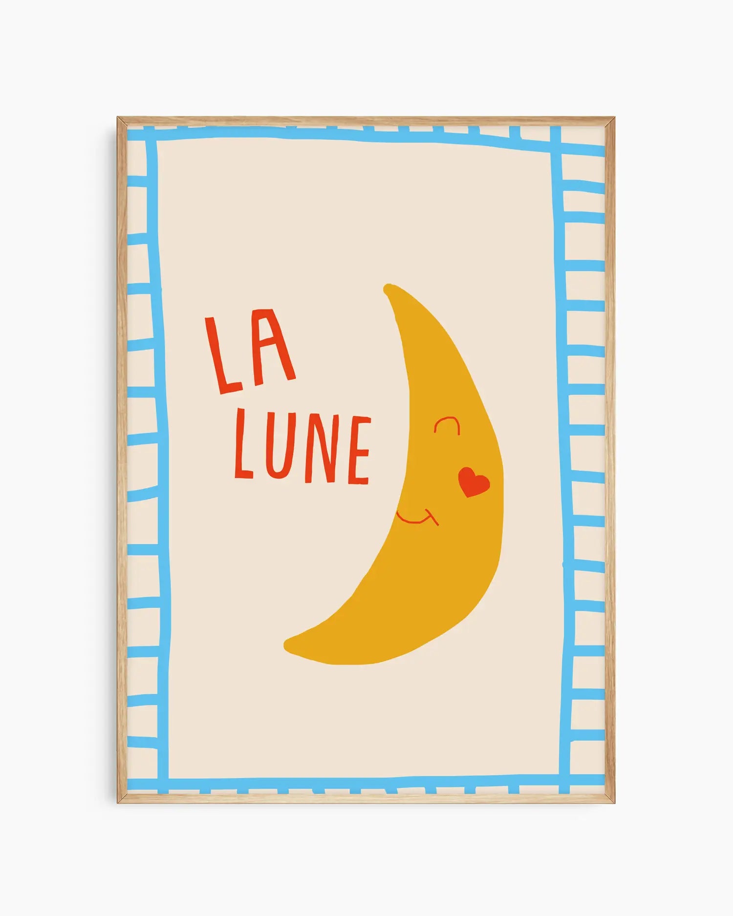 Framed artwork with a yellow moon and 'LA LUNE' text on a beige background