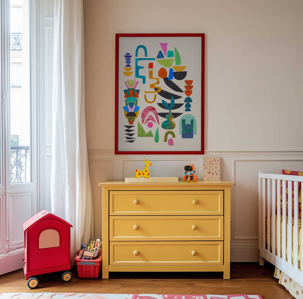 Bright and cheerful geometric wall art featuring colorful abstract shapes, hanging above a yellow dresser in a kids’ room. A fun and artistic print that inspires creativity and playfulness in modern children’s spaces.