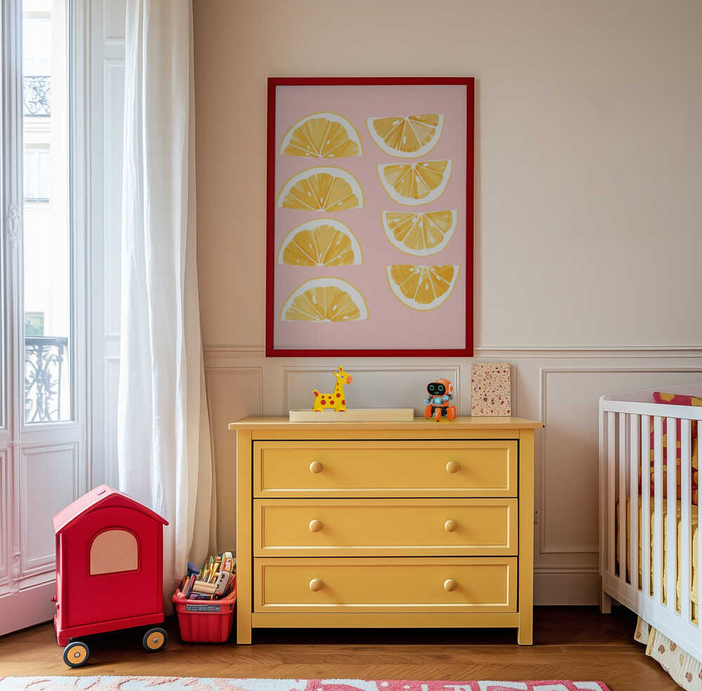 Framed poster of orange slices on a pink background hanging on the wall