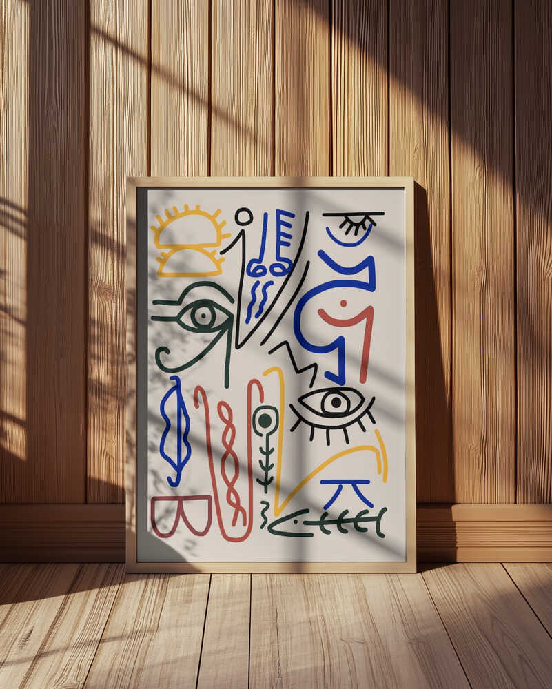 Abstract line art print featuring colorful hand-drawn shapes, eyes, and symbols in blue, red, green, and yellow on a white background. Displayed in a light wooden frame leaning against a wooden wall with soft sunlight and shadows. Modern minimal wall art inspired by contemporary abstract design.